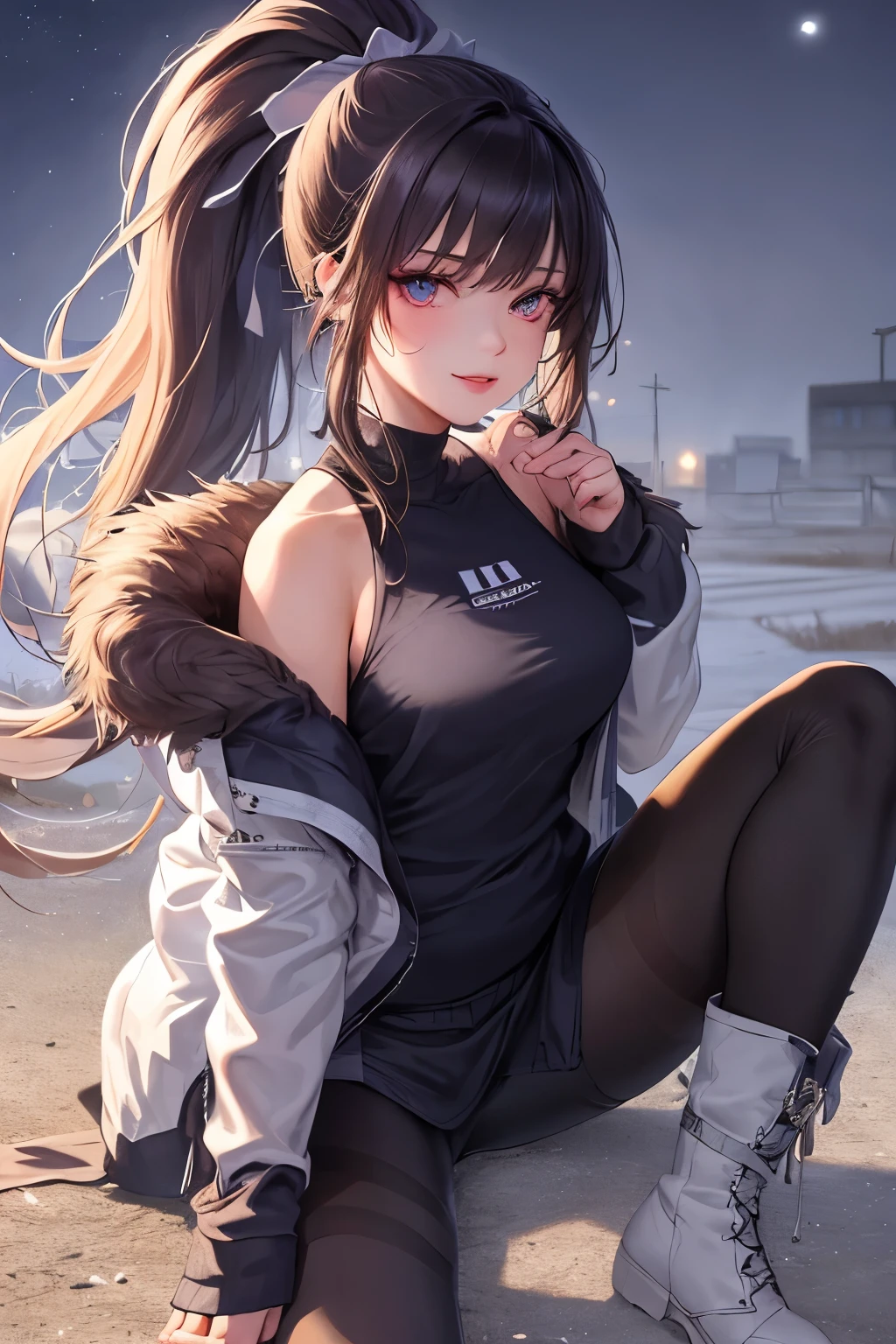 A woman, dressed in leggings and a sports top, stood on the deserted streets of a ghost town on a foggy moonlit night. Her long, high ponytail was tied up neatly, and she wore high boots that reached up to her thighs. Wrapped around her, a long fur jacket kept her warm against the chilly night air. The woman's face was highly detailed, with hyper realistic eyes that gleamed in the moonlight. Her lips were defined, curving into a faint, mysterious smile. Around her neck hung a metal chained-collar, adding an air of mystery to her outfit. The lineart of her features was intricately detailed, capturing every curve and cont