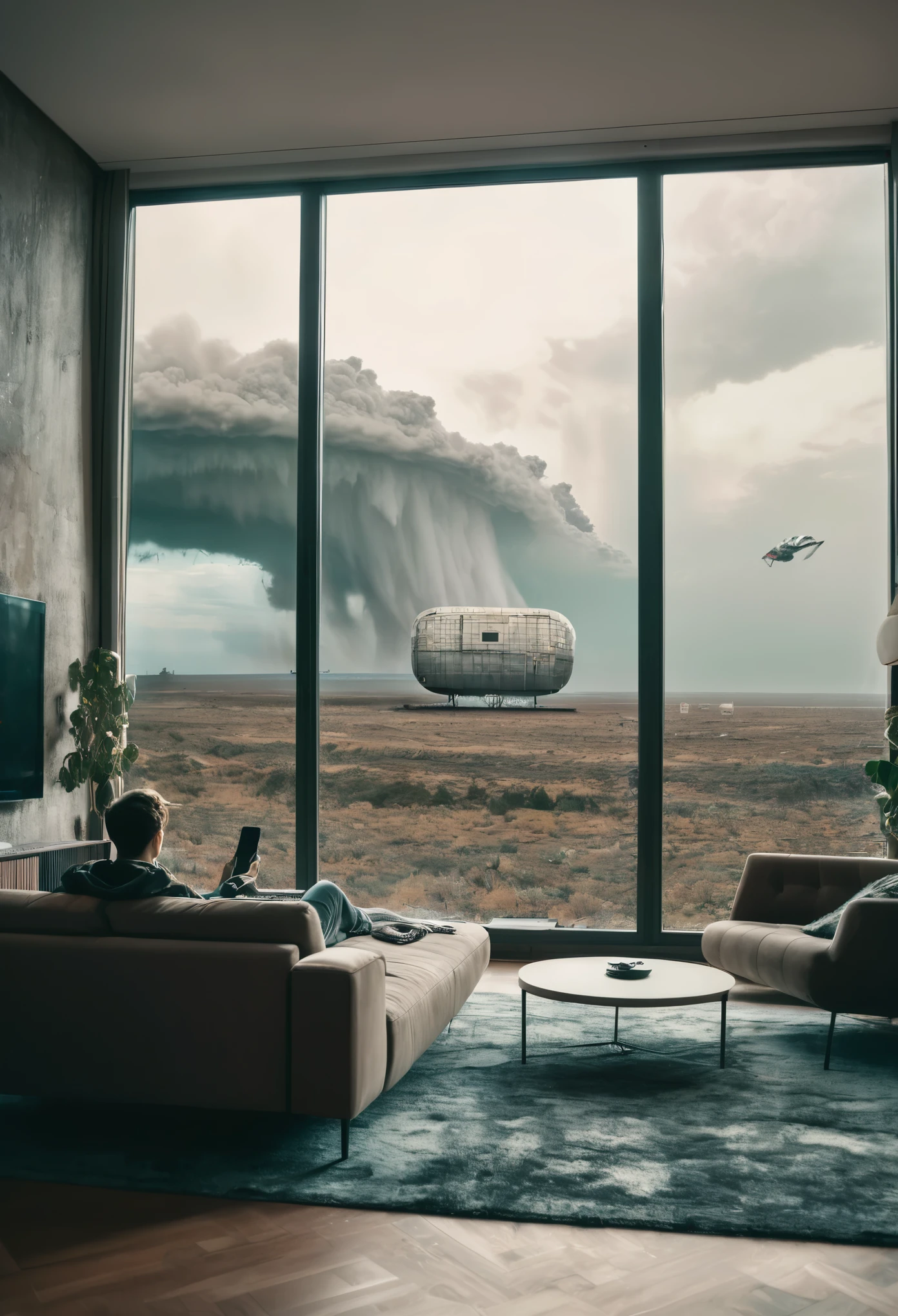 Cinematic shot, Large panoramic window with a view of an apocalyptic event, a tastefully decorated living room in a contemporary style. Muted colors. Cinematic light, Contrast between everyday comfort and surreal vistas, movie scene. From back, In the couch, a young adult is playing on his mobile phone.
On the wall, the gigantic tv screen broadcasts a Netflix show