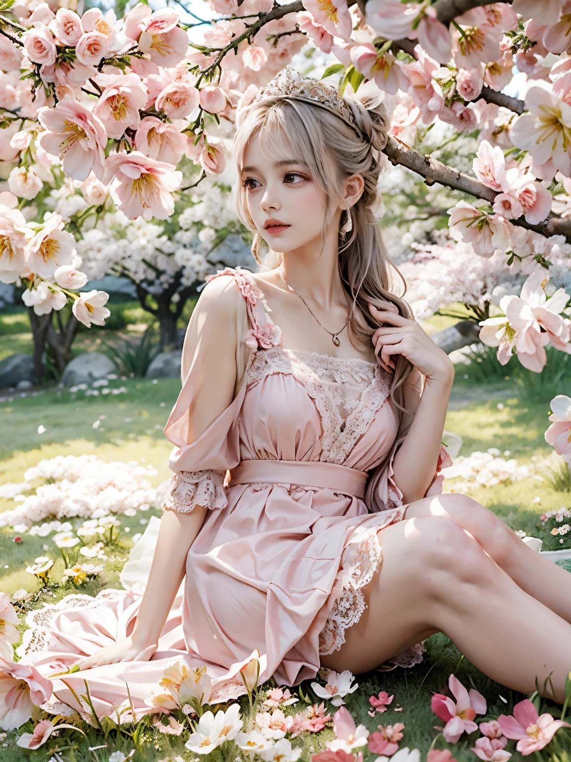raw photo, 8k, (top-quality), Realistic, (real picture, Intricate details, depth of field), (natural skin texture, detailed skin, hyper realism, sharpness), photorealistic, high resolution, Japanese teenage girl sitting under cherry blossom, solo, hips up, look at viewer, (detailed face), ((Fair skin)), (white hair, bun hairstyle, blunt bungs), (light pink dress, lace dress, pink flower tiara), in the field of flowers, cherry blossom petals fall, jewelry, day light, soft lighting:1.3