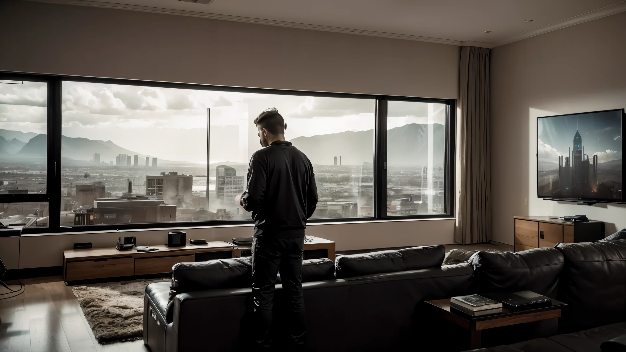 Cinematic shot, Large panoramic window with a view of an apocalyptic event, a tastefully decorated living room in a contemporary style. Muted colors. Cinematic light, Contrast between everyday comfort and surreal vistas, movie scene. From back, In the couch, a young adult is playing on his mobile phone.
On the wall, the gigantic tv screen broadcasts a Netflix show