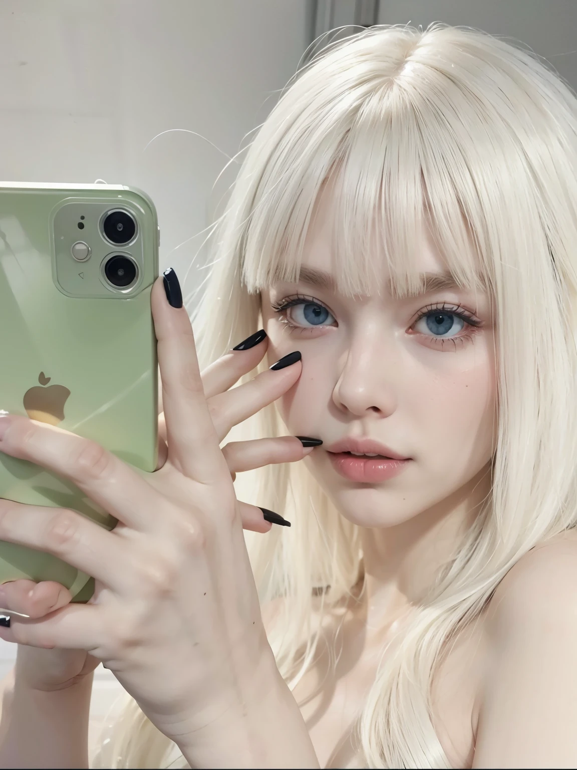 Blonde girl with long white hair holding a cell phone., pale piel blanca de porcelana, piel blanca de porcelana, pale milky white porcelain skin, pale, snow-white skin, pale porcelain skin, pale and light skin!!, pale ivory skin, piel blanca y ojos reflectantes, ulzzang, pale gothic beauty, con el pelo largo y blanco, Piel blanca lechosa, pale white skin, pale white face