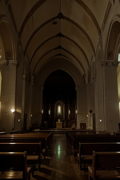 image of an empty catholic church at night.