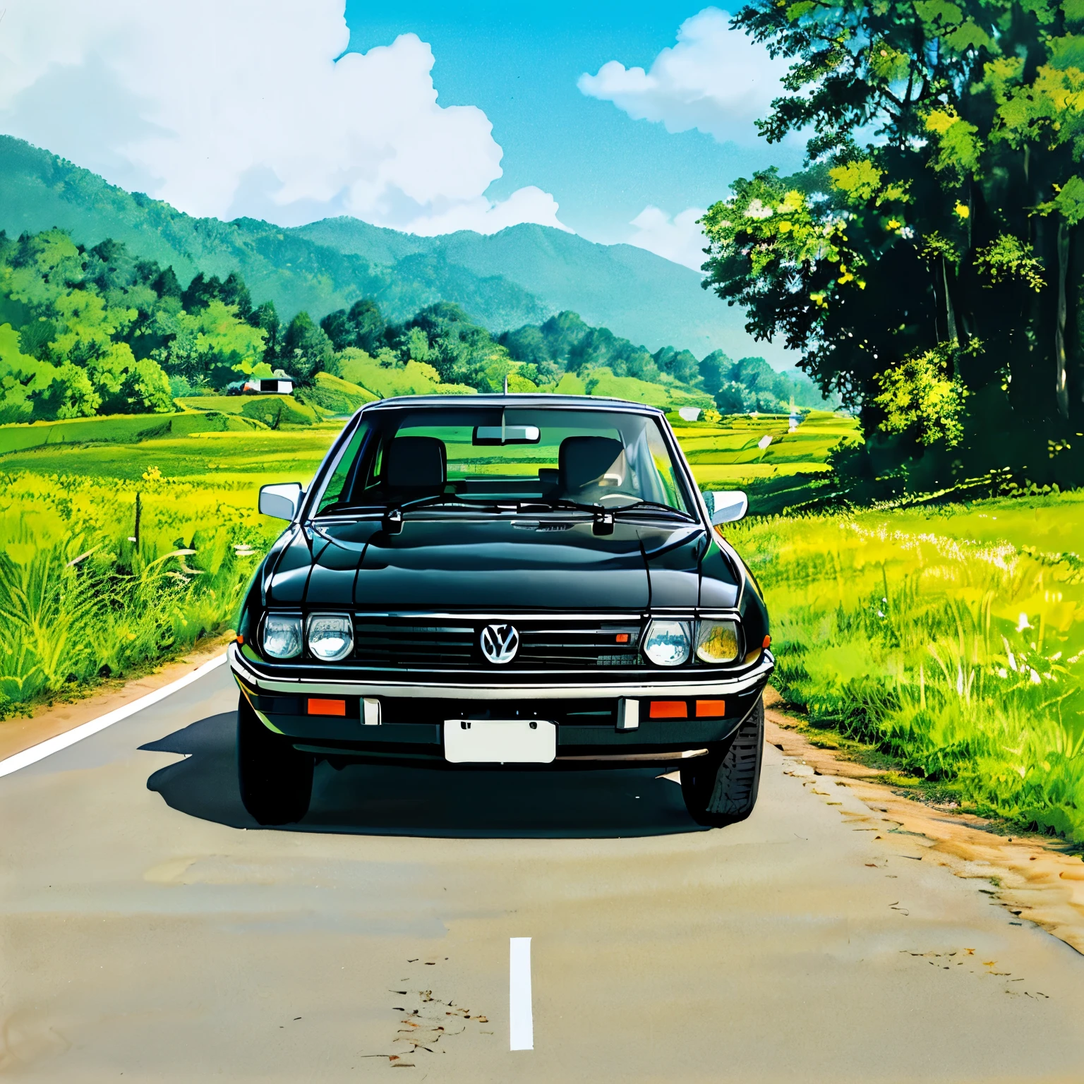 Volkswagen Parati from the year 1989, elegantly painted in a sleek black hue that reflects the sun's light. The body is lowered, instilling a sporty and aggressive demeanor. The wheels boast large, dark rims, contrasting strikingly with the black exterior. The 1.8 engine peeks through the front grille, suggesting the hidden power that lies beneath the hood. The sun's brilliance accentuates the car's contours, while the shadow below creates an intriguing contrast. In the distance, a winding road can be seen, alluding to an exhilarating adventure awaiting this classic sports vehicle.