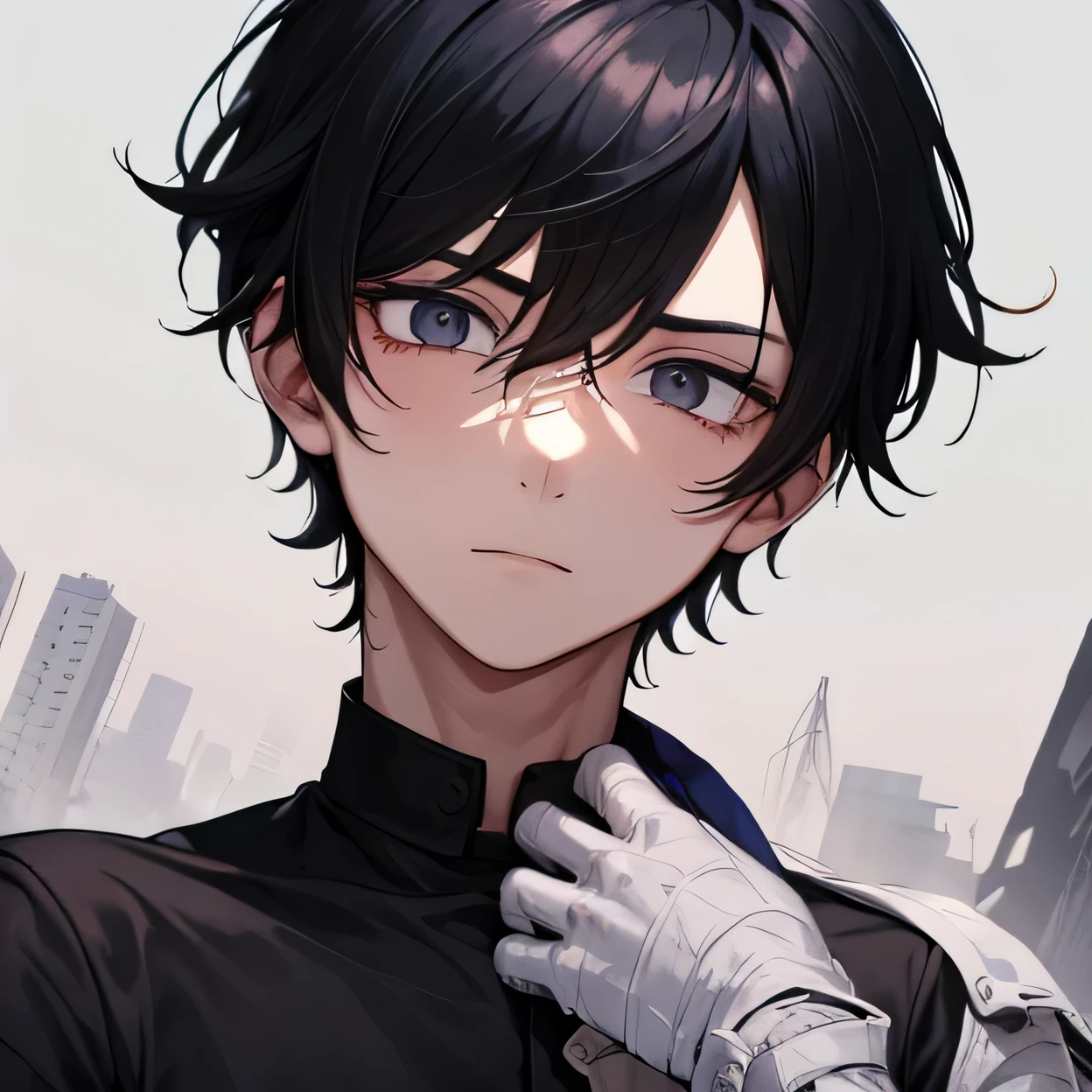 1 boy with jet black hair, gros plan d'a boy, 1 boy standing with a broken arm, 1 boy with an expression of terror etched on his handsome face, 1 boy holding his bandaged right arm, in the background a completely destroyed fantasy city