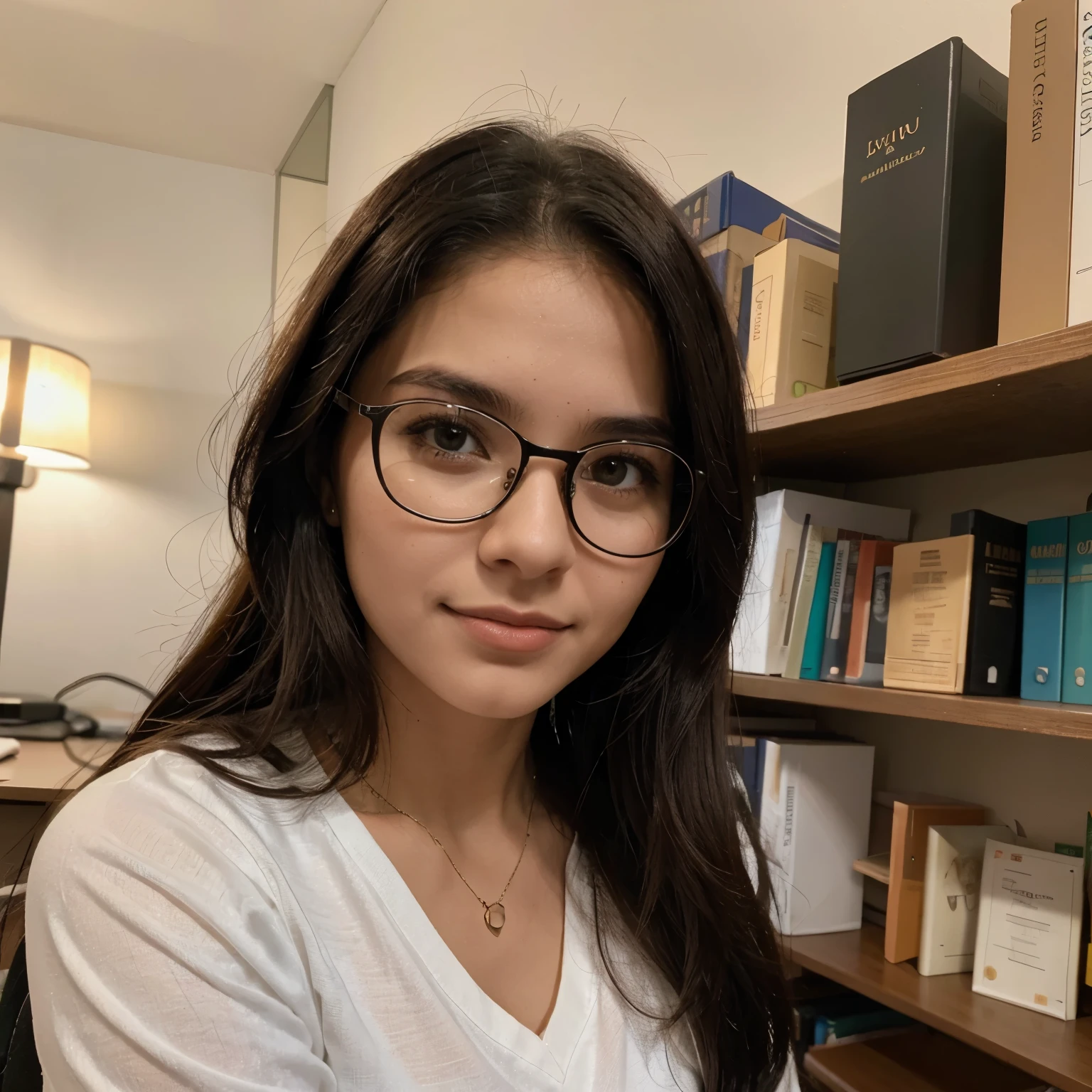 Jovem, mulher, 24 anos, estudante de pedagogia, cabelos caheados de cor preta, gosta de livros, wears prescription glasses