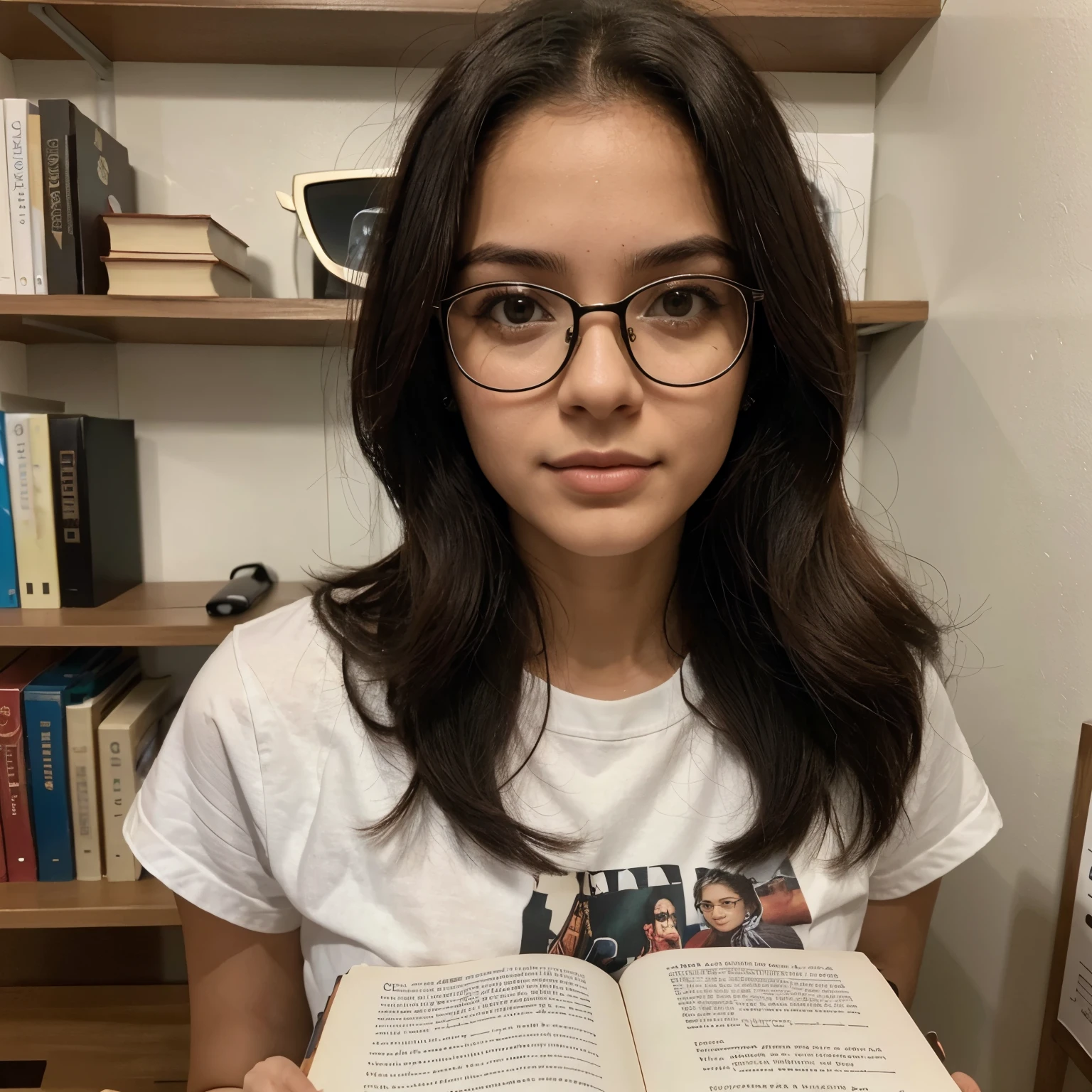 Jovem, mulher, 24 anos, estudante de pedagogia, cabelos caheados de cor preta, gosta de livros, wears prescription glasses