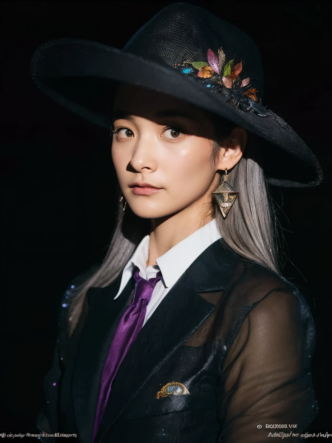 (front focus),(in the dark:1.6), Surrealist portraits of women by David Hockney and Alphonse Mucha,fantasy art, photo-realistic, dynamic lighting, art station, poster, volume lighting, highly detailed face, 4K, Awards,, 1 girl, in the dark, deep shadow, discreet key,cowboy shot,(official attire:1.4) ,long hair,gray hair,