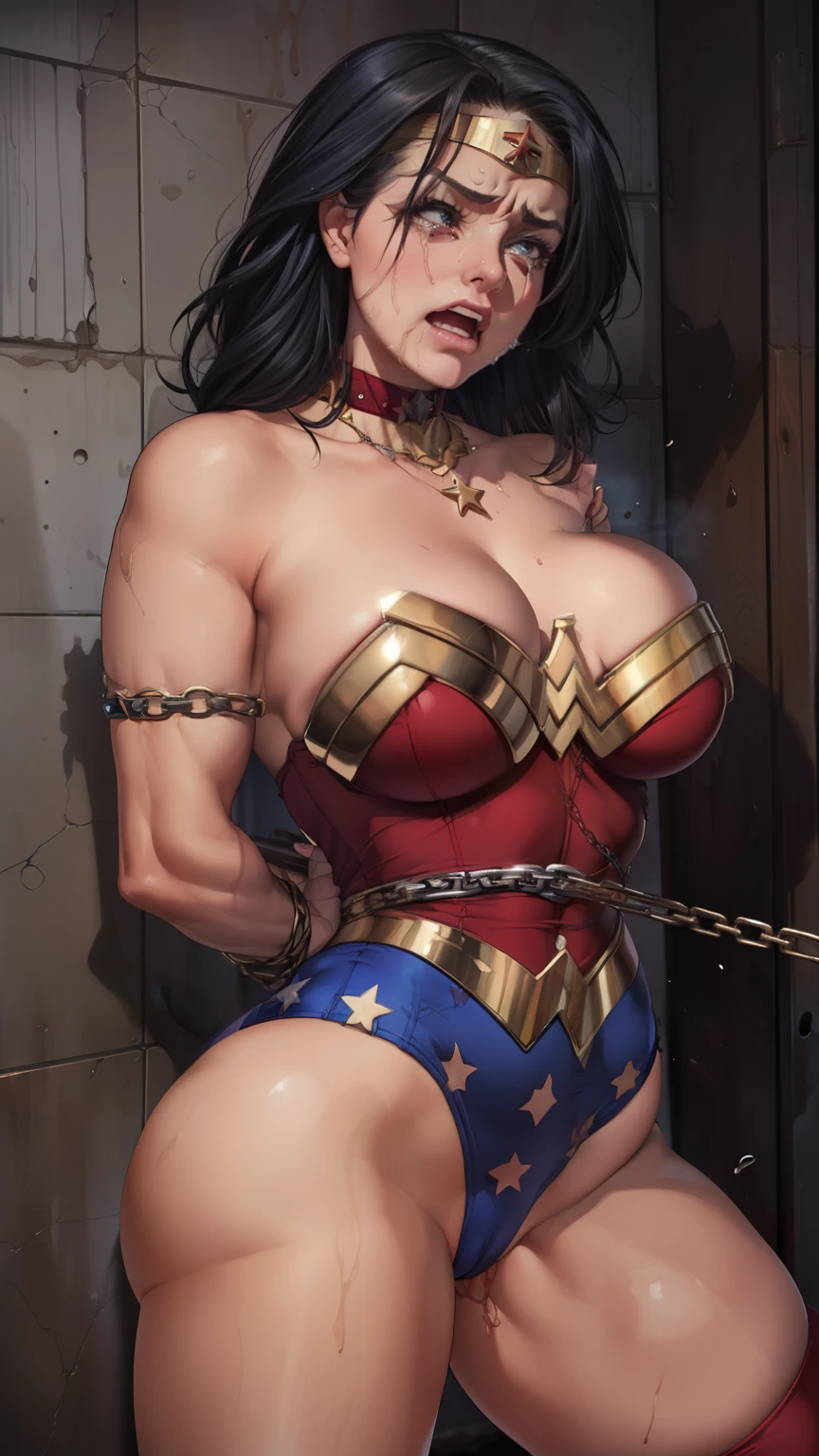 ((mulher maravilha, vestindo fantasia de bailarina, na academia de ballet)) ,((SUPERHEROINE mulher maravilha IS A FILTHY OLD WHORE)), ((emotional expression,expression of pain and despair, gritando de dor, expression of suffering, olhos arregalados)),(Wonder Woman is standing,  on tiptoe, pose de bailarina), (She's crying a loa tem cabelo preto, ela tem cabelo longo)), ((She wears a thick metal necklace around her neck...)), (Ela esta vestindo roupas imorais, she is wearing indecent clothes), (obra-prima, melhor qualidade) 1.5, 1 garota, sozinho, (????, mulher bonita, rosto perfeito, olhos perfeitos), corpo inteiro. ((She is wearing starry lace panties)), tears running down your face)), ((WonderWoman in ????????? bondage ,arms are bound behind their back, then by use of some method of attachment such as a rope or chain that runs from their wrists to a securing point above, their arms are lifted behind them until the person is forced to bend forward)), (((emotional expression,expression of pain and despair, gritando de dor, expression of suffering, olhos arregalados, expression of fear, corpo se contorcendo de dor)))