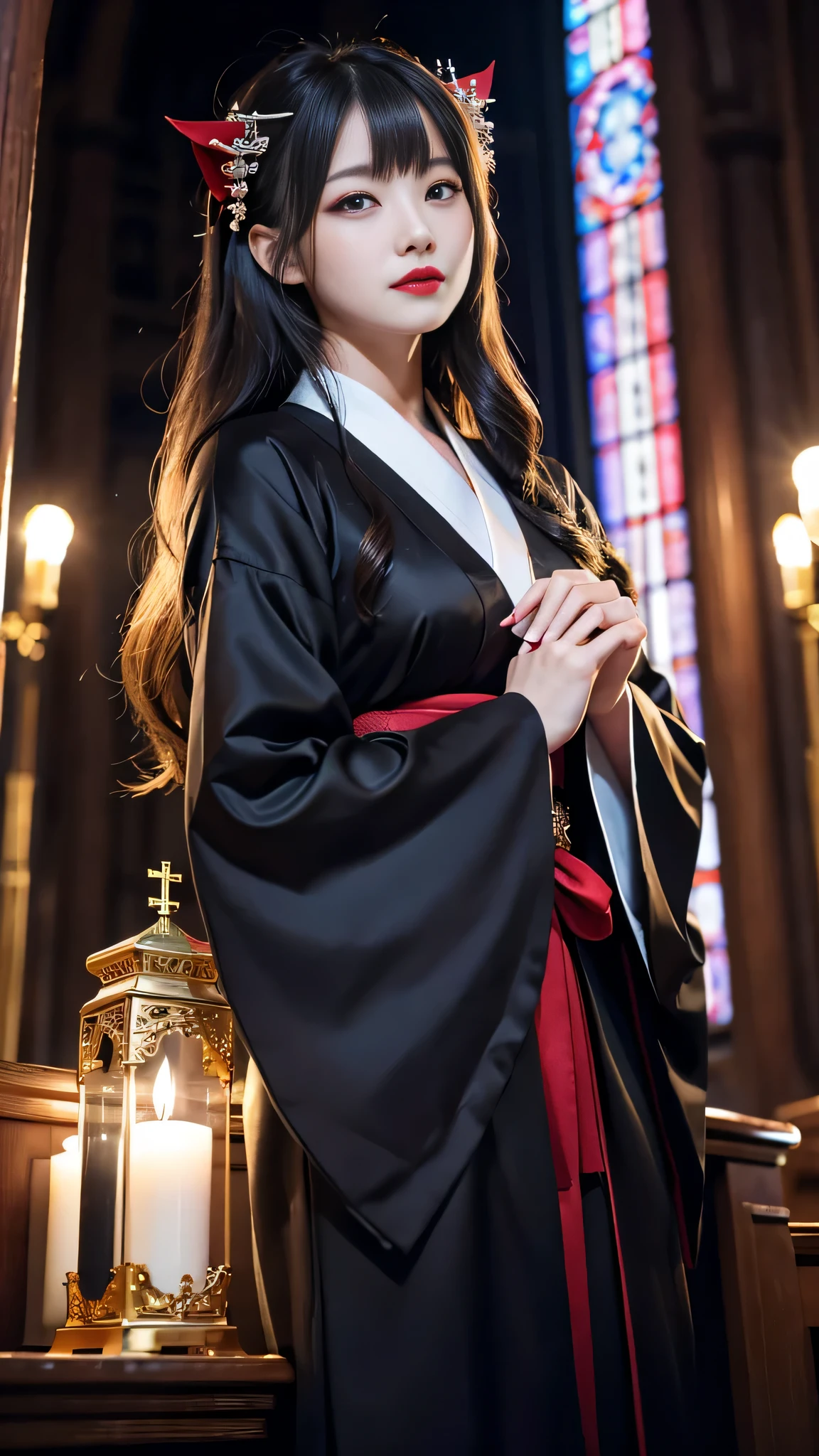detailed、Japanese、charming beauty、seductive adult woman、Beautiful woman、sharp eyes、cool girl、wavy hair、Black priestess uniform、wide sleeve、evilの幹部、evil depravity、brainwashing、Mind control、apply lipstick、grin、evilな表情、evil、empty eyes、evil、church at night、Succubus、vampire、Hypnosis、