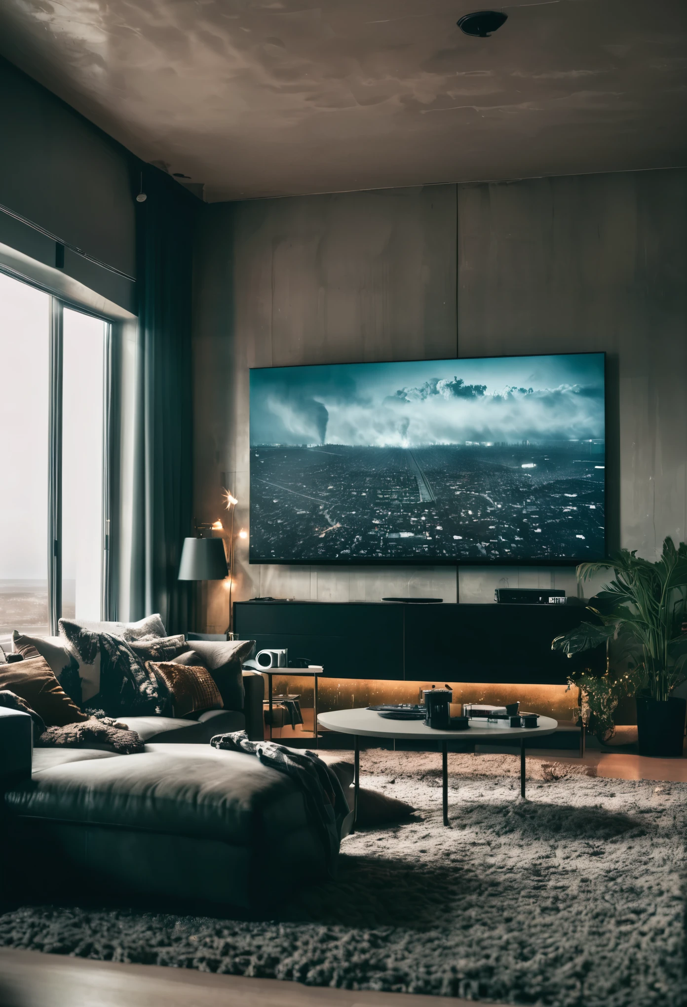 Cinematic shot, Large panoramic window with a view of an apocalyptic event, a tastefully decorated living room in a contemporary style. Muted colors. Cinematic light, Contrast between everyday comfort and surreal vistas, movie scene. From back, ((Sitting in the couch)), a young adult ((is playing on his iphone))
On the wall, the gigantic tv screen broadcasts a Netflix show