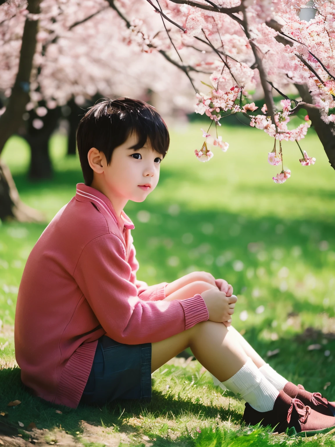 Chico rubio asiatico, sitting on the grass looking at a cherry tree