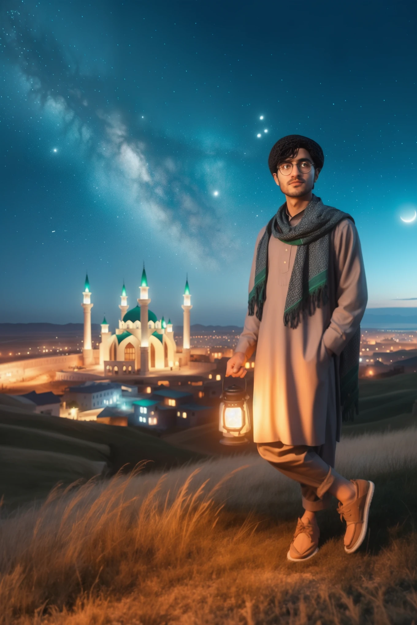 muslim man standing on a hill with a lantern in his hand, profile picture 1024px, inspired by Amir Zand, matte painting portrait shot, 1 0 0 1 night, inspired by Abdur Rahman Chughtai, arabian nights, portrait shot, artwork in the style of guweiz, holding a lantern, arabian night, high quality portrait