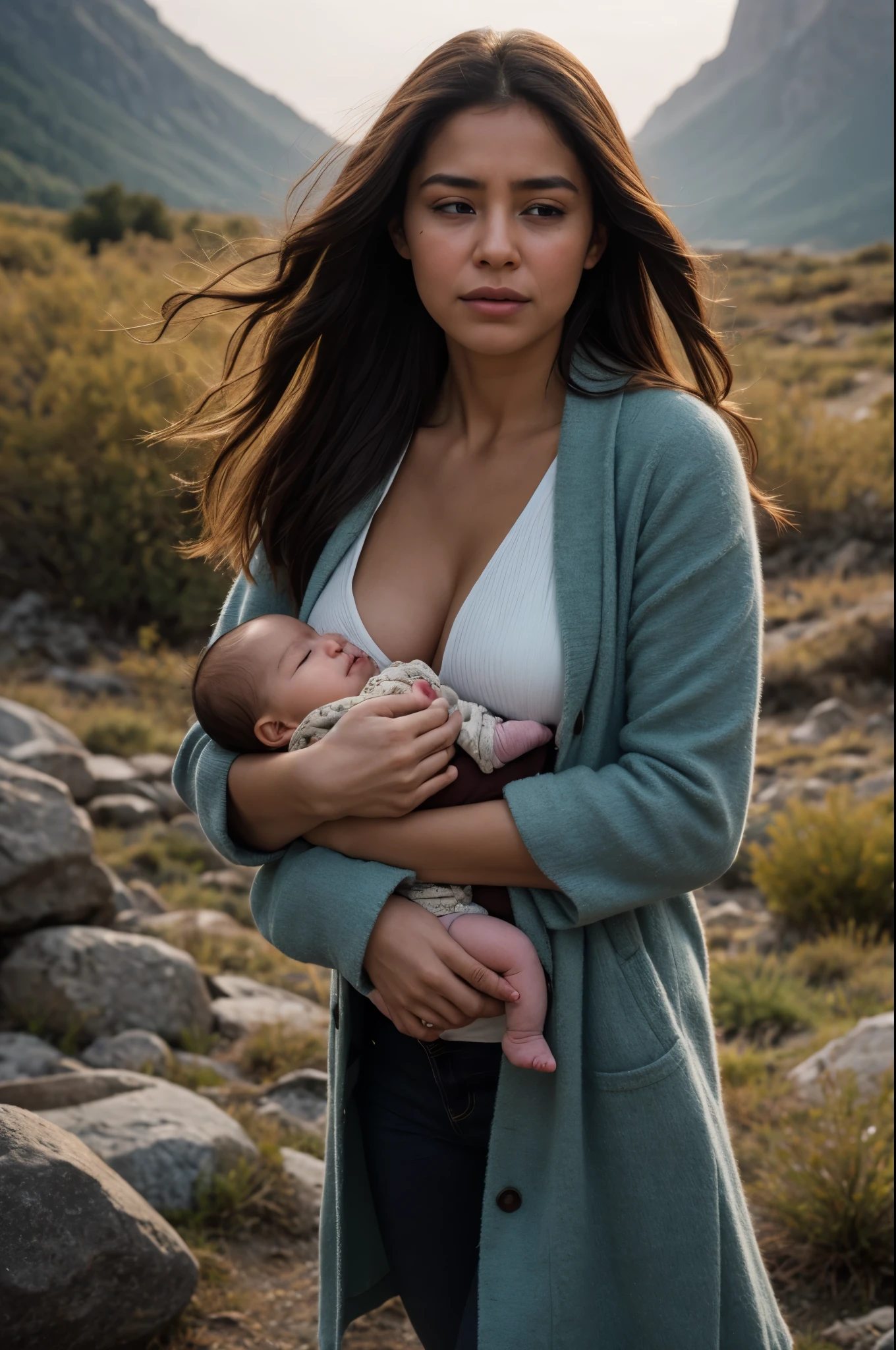 (YES SFW), A brown-skinned woman finds herself fused with a mountain, creating a surreal and emotional scene. The woman, covered with a multicolored mantle of the earth, cries copiously while holding a newborn baby in her arms. The baby also cries, obviously starving since he can't suck his mother's milk.
Woman's body blends seamlessly into the mountainous backdrop, creating a powerful and poignant image. Her tears stream down her face, mixing with the earthy hues of the landscape. The baby, wracked with sobs, reaches towards her breast, symbolizing the deep yearning for nourishment and connection that exists between mother and .
The colors used in the painting reflect the rich tones of the earth, with shades of brown, green, and blue evoking the natural world. The woman's coat is painted in bold, swirling patterns, mirroring the dynamic energy of the landscape. The overall effect is one of intense passion and sorrow, capturing the raw emotion of a mother's love for her.
compositing: The composition of the painting is designed to create a sense of movement and energy, with the woman's body curving forward, as if suspended in the air. The baby is in the center of the image, surrounded by the Woman's arms, who hugs him tightly. The mountain stretches behind them, soft and undulating, like a great snake protecting them.
Lighting: The lighting of the scene is designed to highlight the texture and shape of the woman's body and the mountain. Dynamic lights and shadows create an effect of movement and energy, as if the scene was animated by the passion and pain of the woman.