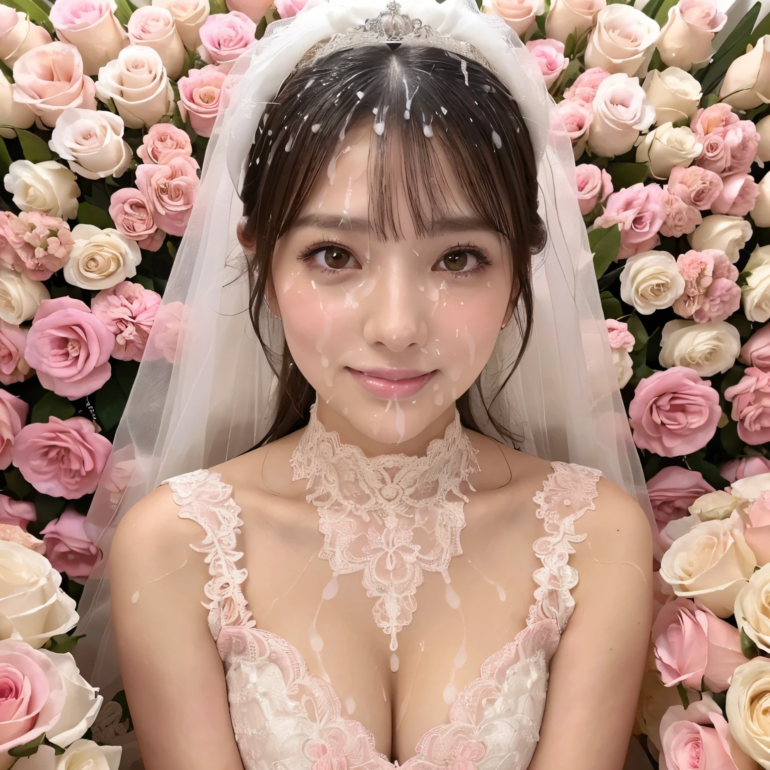 (masterpiece、highest quality、8k、Award-winning work、ultra high resolution)、Beautiful woman in wedding dress、(bride close-up:1.1)、(finest wedding dresses:1.1)、(perfect wedding lace:1.2)、the best smile when you look at me、(highest qualityの巨大なティアラ:1.2)、(highest qualityの巨大なネックレス:1.2)、surrounded by flowers、(Bride surrounded by lots of pink and white roses:1.2)、(The bride is covered in bright pink and white roses:1.2)、detailed background、ultra high definition hair、(the brightest and most vivid:1.2)、(The brightest and most illuminated glowing skin:1.2)、(Beautiful skin that is extremely brightly illuminated:1.2)、ultra high resolutionの顔、ultra high resolutionの目、radiant beautiful skin、Shining ultra-high definition skin、the most detailed and perfect face、most detailed glowing eyes、(Ultra-high definition beautiful skin with beautiful shine and moisture:1.1)、(face covered in semen:1.5)、(最も贅沢なfinest wedding dresses:1.2)、(perfect and accurate wedding lace:1.2)