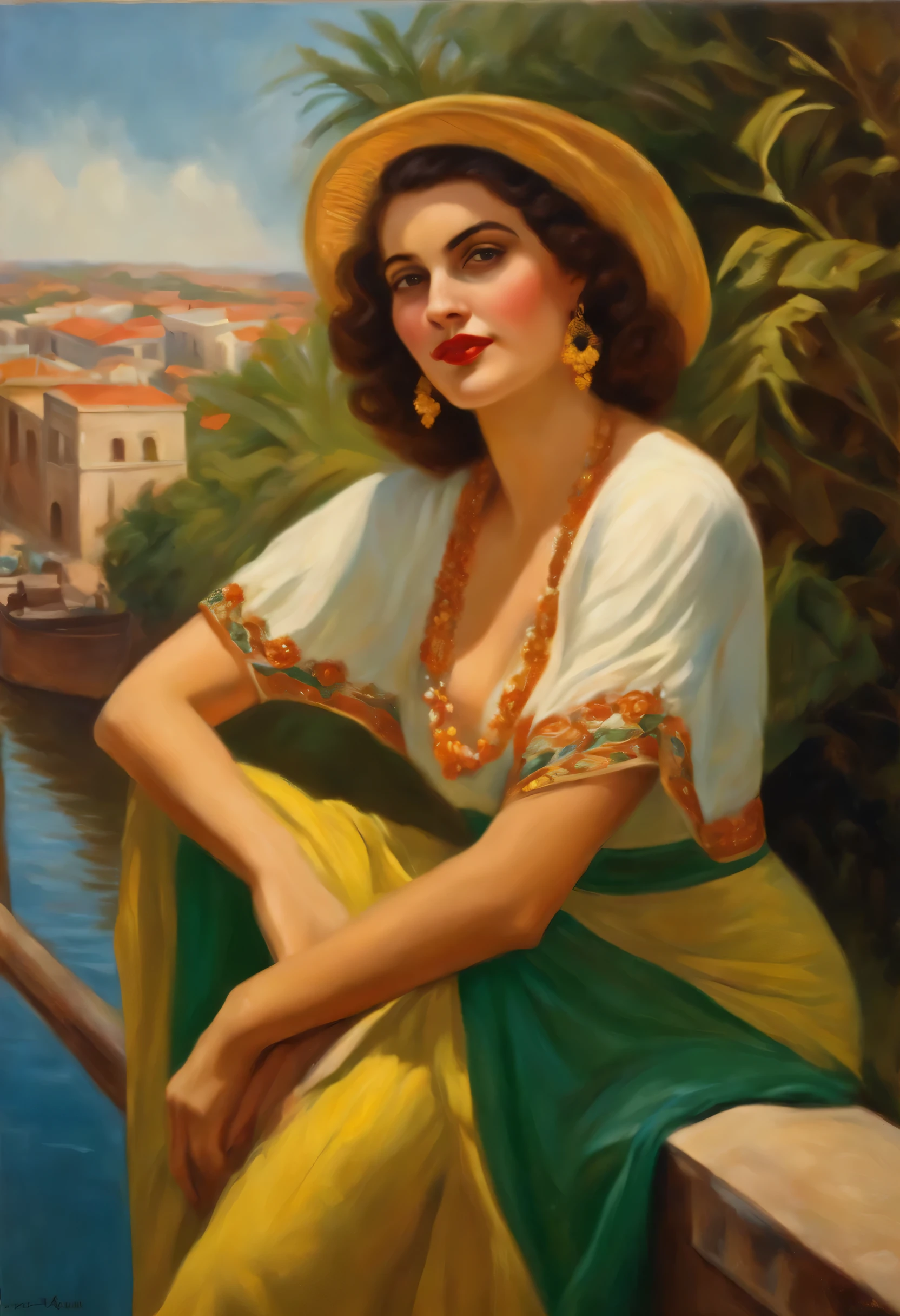 Beautiful woman leaning over the Boa Vista bridge, no centro do Recie Brasil , anos 1934, Realistic oil painting