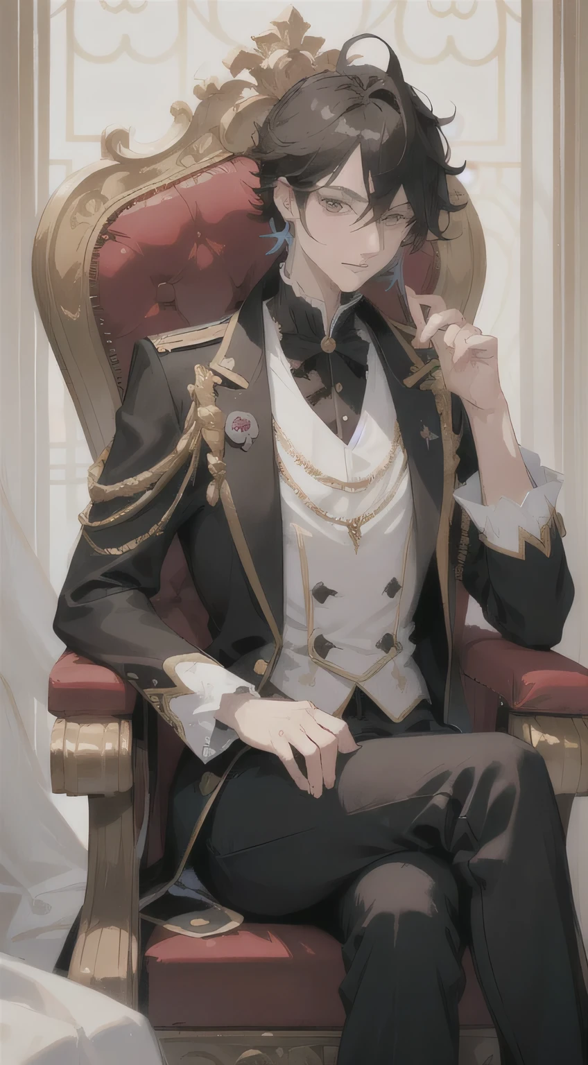 animated - image de style d'un homme en costume assis sur une chaise rouge, Beau prince androgyne, Prince androgyne délicat, royal elegant pose, Tenue royale Akira, Belle pose d'animated, ((porter une robe d'Aristocrate)), portant un costume noble noir, inspired by'Okumura Masanobu, beau mec dans l'art du tueur de démons, art d'detailed key animated