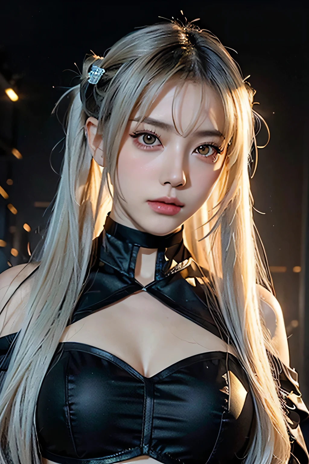 confused ,masterpiece, main office, 4k, HDR, highest quality, 1girl in center screen with beautifulface, white_hair. (black costume:1.2),deep darkness, 前hair, chest, eyebrow_appear_through_hair, hair_ornament, light_particle, length_hair, looking for_in_viewer, moderately_chest, dunesの表面, 一人in, null間, star_(null), starry_null, twin tails, very_length_hair, yellow_eye, transparent, see-through,(background_Giedi_Prime_dunes:1.0), (innocent face:1.1), beautiful eye, volumetric lighting, True Shadow.