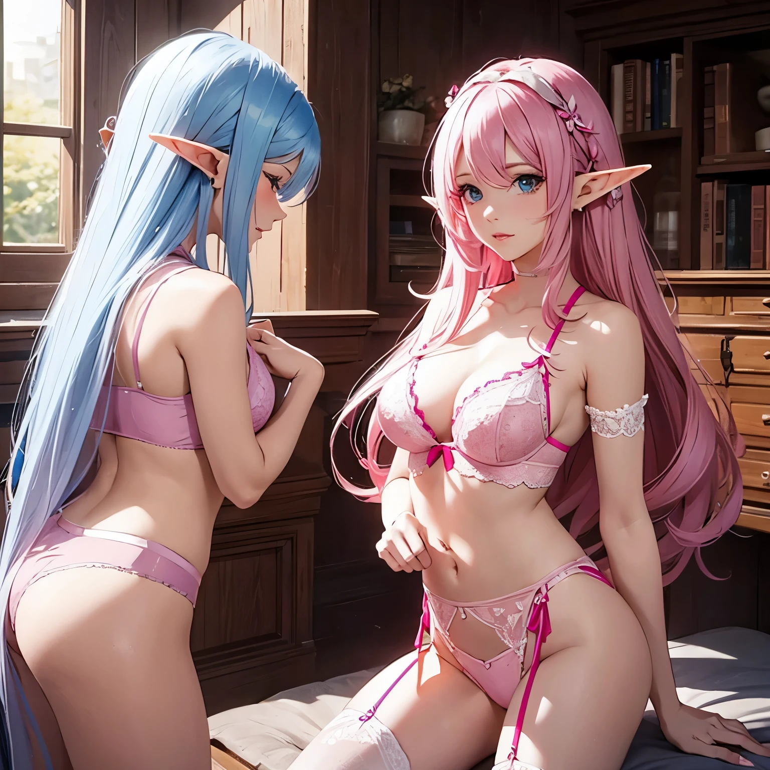 Create a woman elf with pink long hair in lingerie