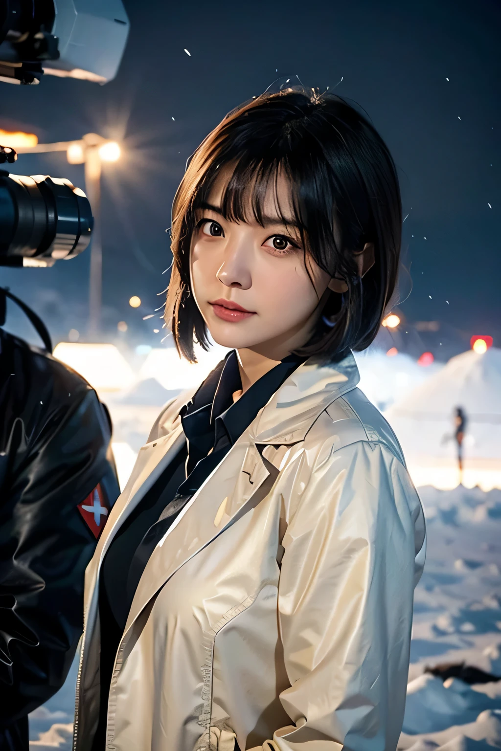 ring world,SF,sci-fi movie,artillery,long range missile,Based on film foundation ,woman,adult,main character,28 years old,hopeful face,brown eyes,short hairstyle,white gray on black hair,scientist uniform,white researcher coat,open meadow,traitor,chaosとしました,future world,socialist world,snow,chaos