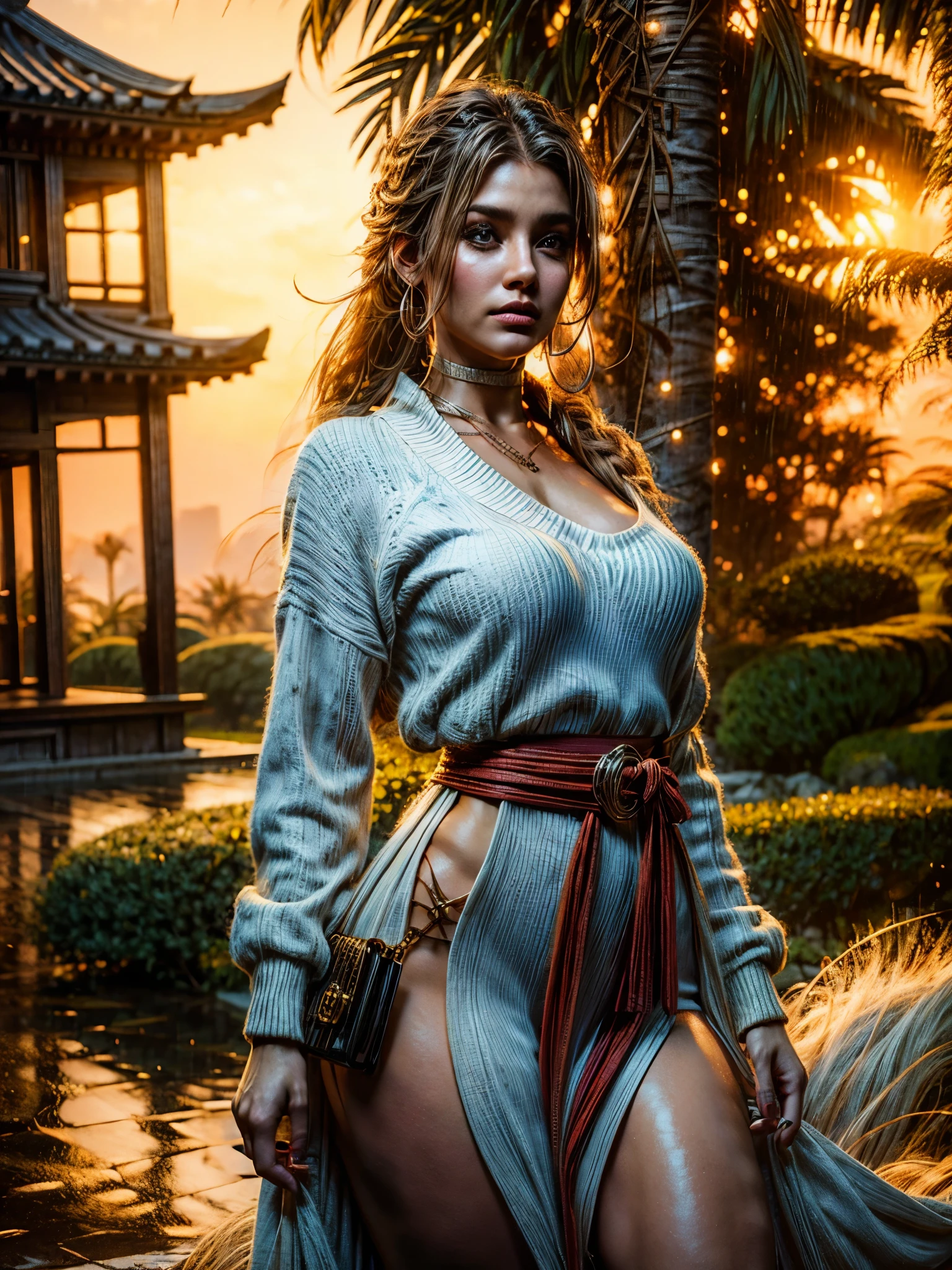 a girl standing on a dune, overlooking a vast cinematic landscape. The girl is drenched in the pouring rain, her clothes sticking to her body. She is surrounded by a majestic Japanese mansion, with its traditional architecture and beautiful gardens. The mansion stands against a pure white backdrop, which enhances the vibrant colors of the scene. The picture is reminiscent of a cinematic illustration found in CGSociety, showcasing the mastery of digital art and concept art. The quality of the image is exceptional, with a resolution of HD, 4k, and even 8k or 16k, allowing for super detail and sharpness. The lighting in the scene is carefully crafted, with cinematic lighting techniques and ray tracing used to create a realistic and immersive atmosphere.