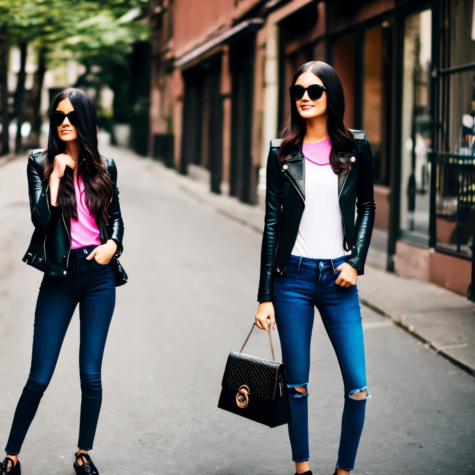 Girl of 16 years, amber eyes, black long hair, tall, black glasses, pink shirt, green jacket, jeans, leather bag, beautiful 