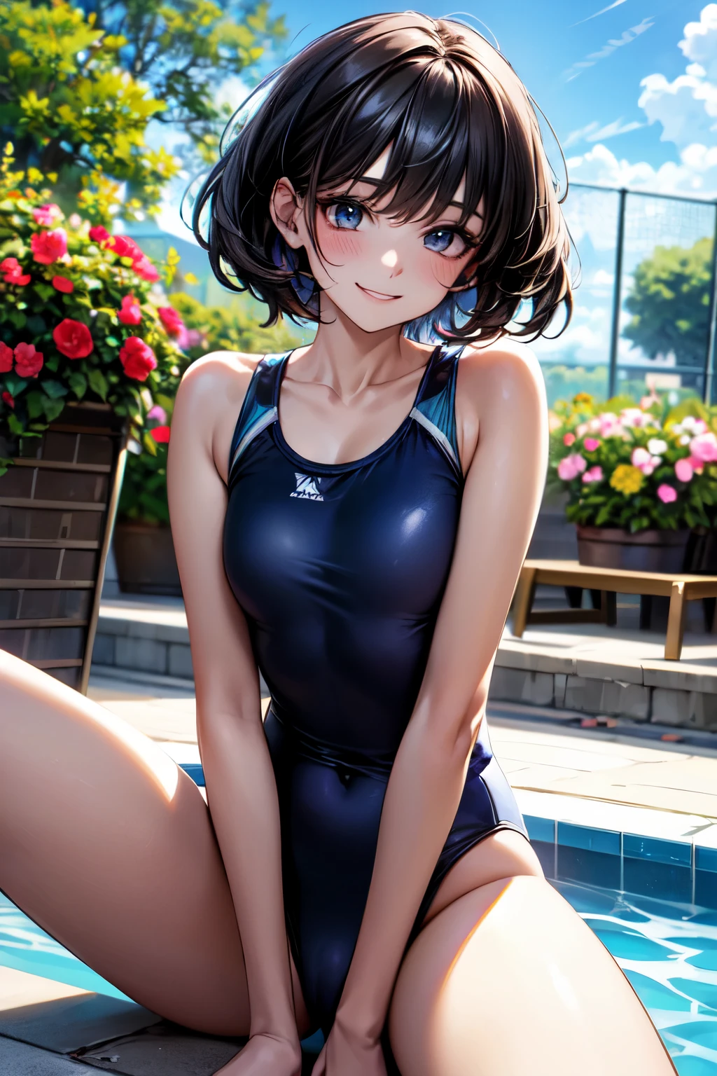 very cute and beautiful girl,(highly detailed beautiful face),blue school swimsuit,
sitting,spread legs,looking at viewer,pool side,flowers in planters,(smile),black hair,
(best quality,masterpiece:1.2),absurdres,highres,ultra-detailed,extremely detailed,32k,
cinematic scene,detailed background,solo,dynamic angle,
hair fluttering in the wind,beautiful detailed sky,