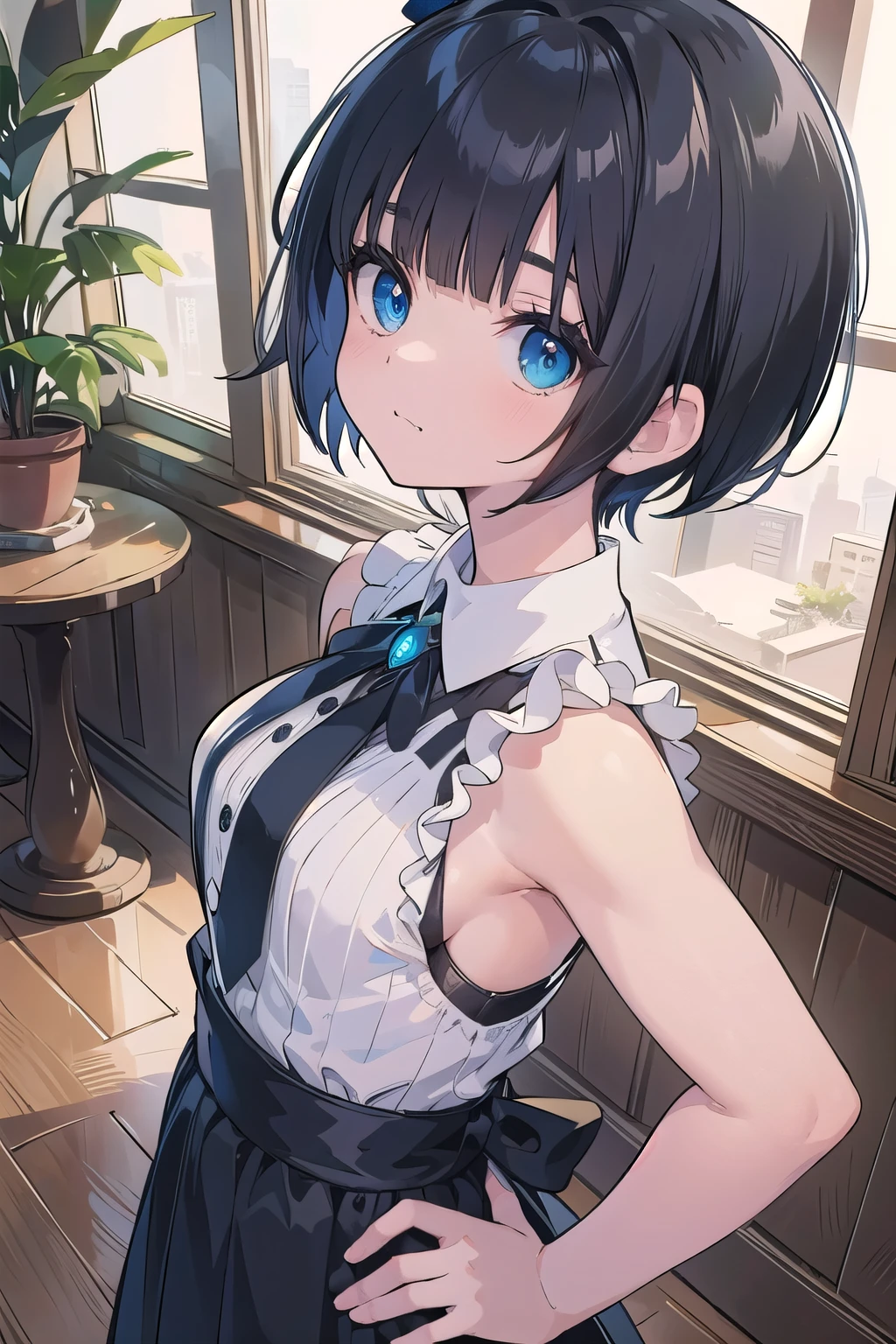 Main piece、high quality、High resolution、1 girl,single, Ruka Sarashina、jewelry、skirt、Maid uniform with exposed breasts、Japan maid café、black hairの女性、short hair、black hair、black pantyhose, blue eyes, long sleeve, Blue Hair Band, bangs, big breasts, cleavage, Medium waist, medium hips, wide thighs, Cowboy photos, smile, attractive, embarrassing, blush、large crowd of people, looking at the viewer,from below、Low - Angle,とてもbig breasts、cleavage、No bra、No panties、No panties、非常に短いskirt、nipple、nippleを出す、nippleからミルクが吹き出す、nippleからミルクが滴る