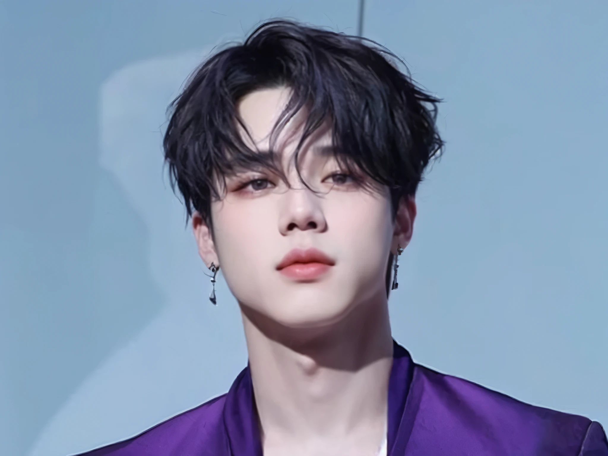 un primer plano de una persona que llevaba una chaqueta morada y una camisa morada, park Jimin, Jimin, Jimin\los labios carnosos, Jimin\his right eyelid is swollen, cai xukun, Jung Jaehyun, Jimin\'s grecian nose, yoongi de pelo negro, yanjun chengt, hyung tae, accurate Jimin face, hong junio hyung, kim taejin
