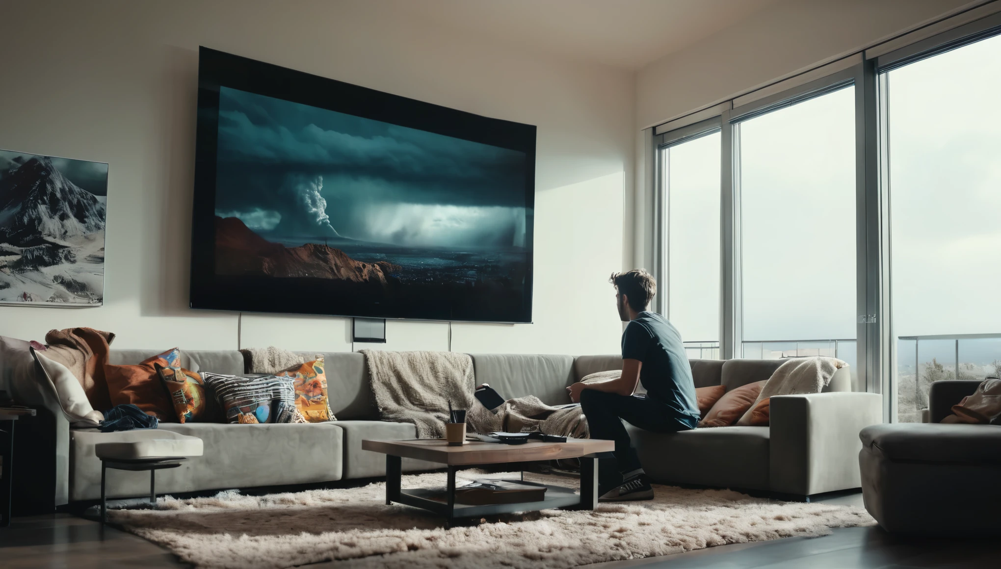 Cinematic shot, Large panoramic window with a view of an apocalyptic event, a tastefully decorated living room in a contemporary style. Muted colors. Cinematic light, Contrast between everyday comfort and surreal vistas, movie scene. From back, ((Sitting in the couch)), a young adult ((is playing on his iphone))
On the wall, the gigantic tv screen broadcasts a Netflix show