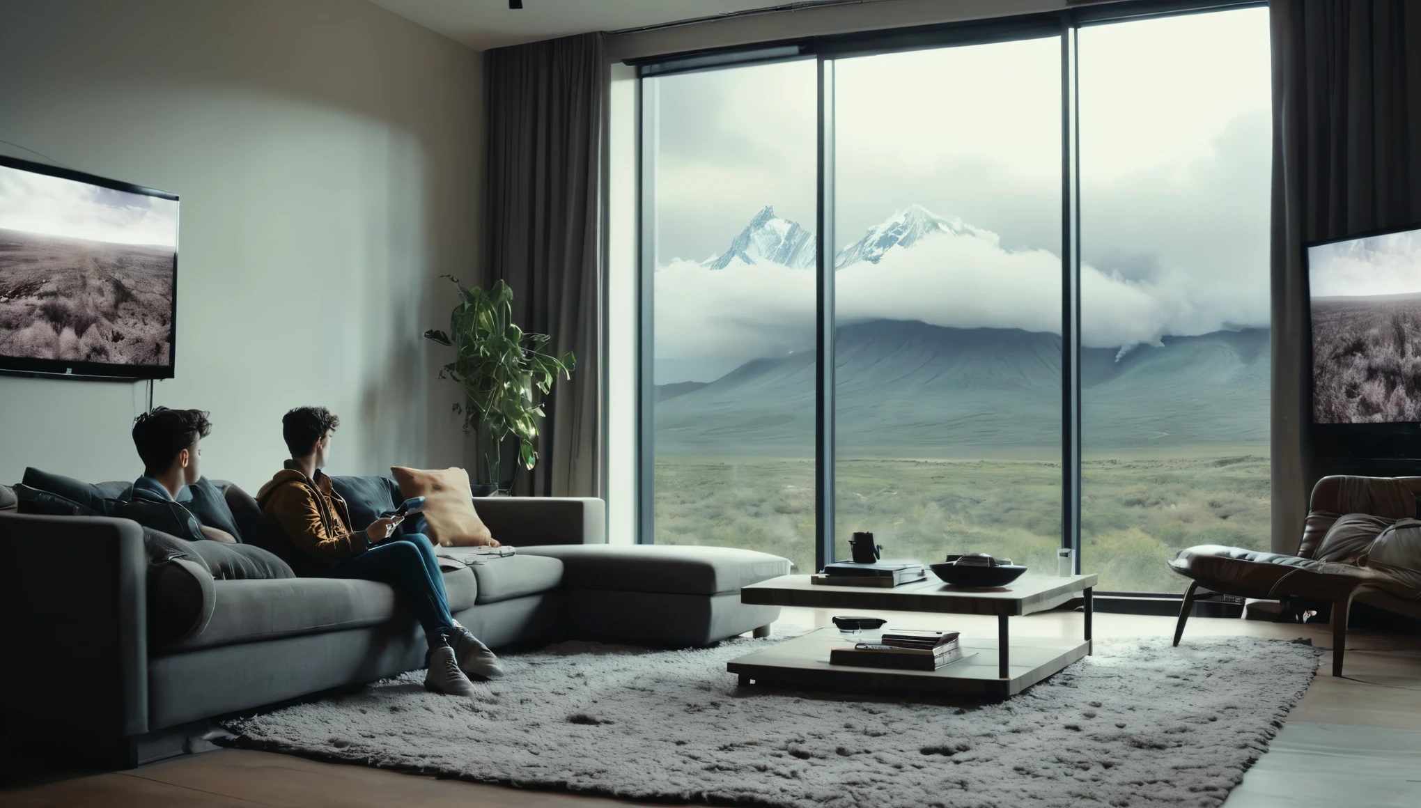 Cinematic shot, Large panoramic window with a view of an apocalyptic event, a tastefully decorated living room in a contemporary style. Muted colors. Cinematic light, Contrast between everyday comfort and surreal vistas, movie scene. From back, ((Sitting in the couch)), a young adult ((is playing on his iphone))
On the wall, the gigantic tv screen broadcasts a Netflix show