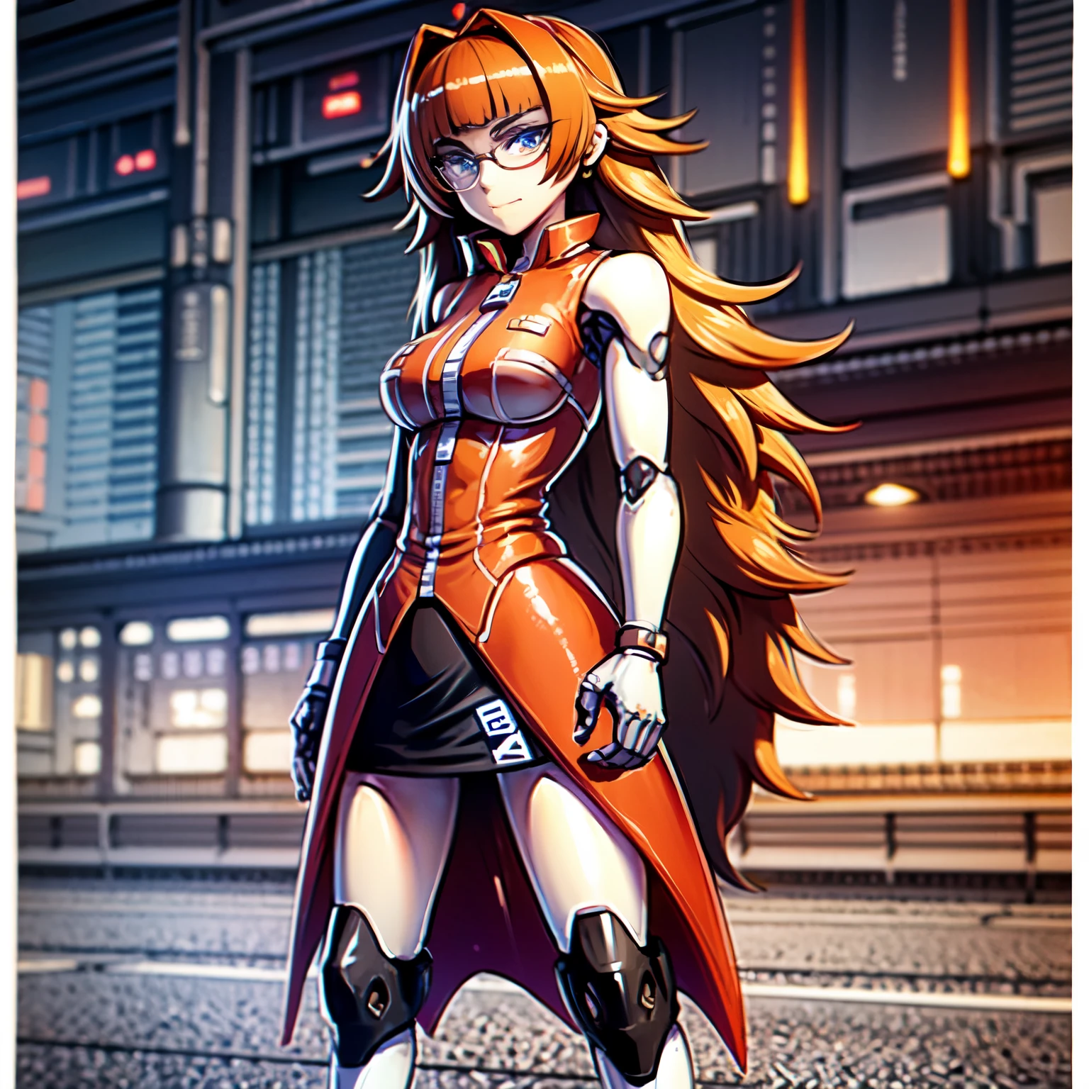 Red, anime style, full body, 1girl, mecha girl, beautiful eyes, detailed eyes, glasses, cyber eyes, smug, arrogant, longhair, red inner hair, red hair strips, cyborg, golem, cybernetic body, mecha arms, mecha legs, mechanical arms, mechanical legs, wearing red scientist coat, black skirt with red checkered, black belt around the waist, looking at viewer, detailed face, outlined markers