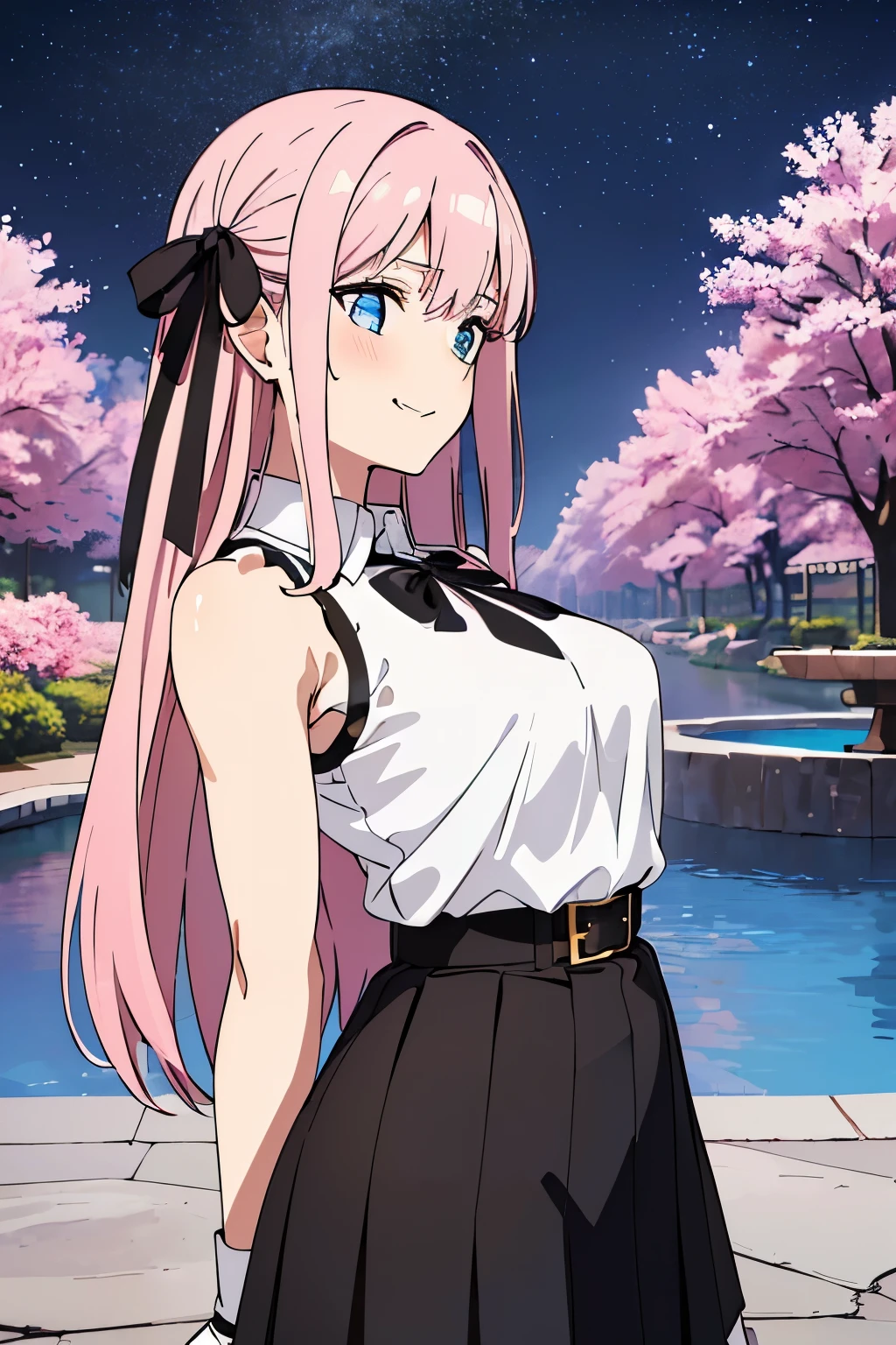 high resolution, (masterpiece), 4k, portrait, ((from side)), (upper body), 1girl, ((detailed long flowing pink_hair adorned with black_ribbons)), (bright sky_blue_eyes), (c-cup breasts), wide hips, long legs, (((sleeveless_white_polo_shirt))), frilled_black_skirt, ((brown_belt emblazoned with black_stars on both sides of the belt's buckle)), (white_knee_socks secured by black_ribbons), ((white_arm-length_gloves with black_ribbon tied around biceps)), (hands behind back), happy grin, blush, (relaxed pose), evening, sunfall, japanese park background with trees and fountain