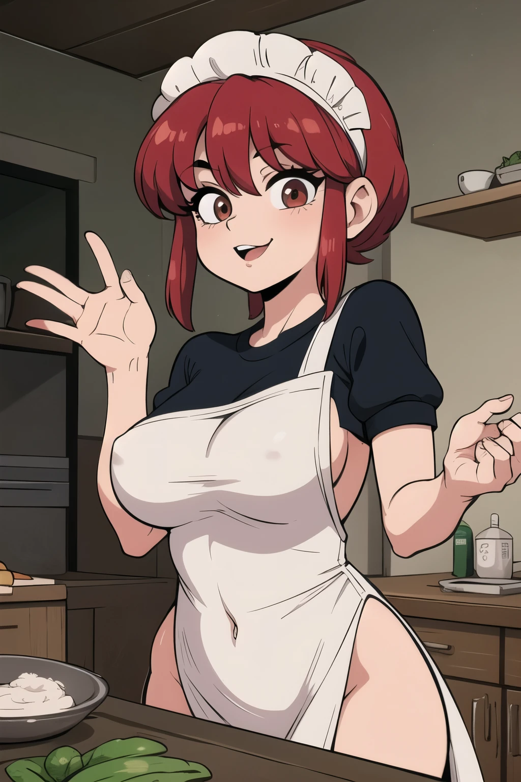 Ranma saotome, cabello rojo corto, pechos muy grandes, hermosos pechos, cuerpo completo, usando solo un delantal de cocina, sin ropa interior, senos grandes, caderas anchas, usando delantal de cocina blanco, cocinando, delantal blanco, semidesnuda, delantal de cocina, cocina sexy, delantal obseno, ricos pechos, senos vulgares, pose vulgar