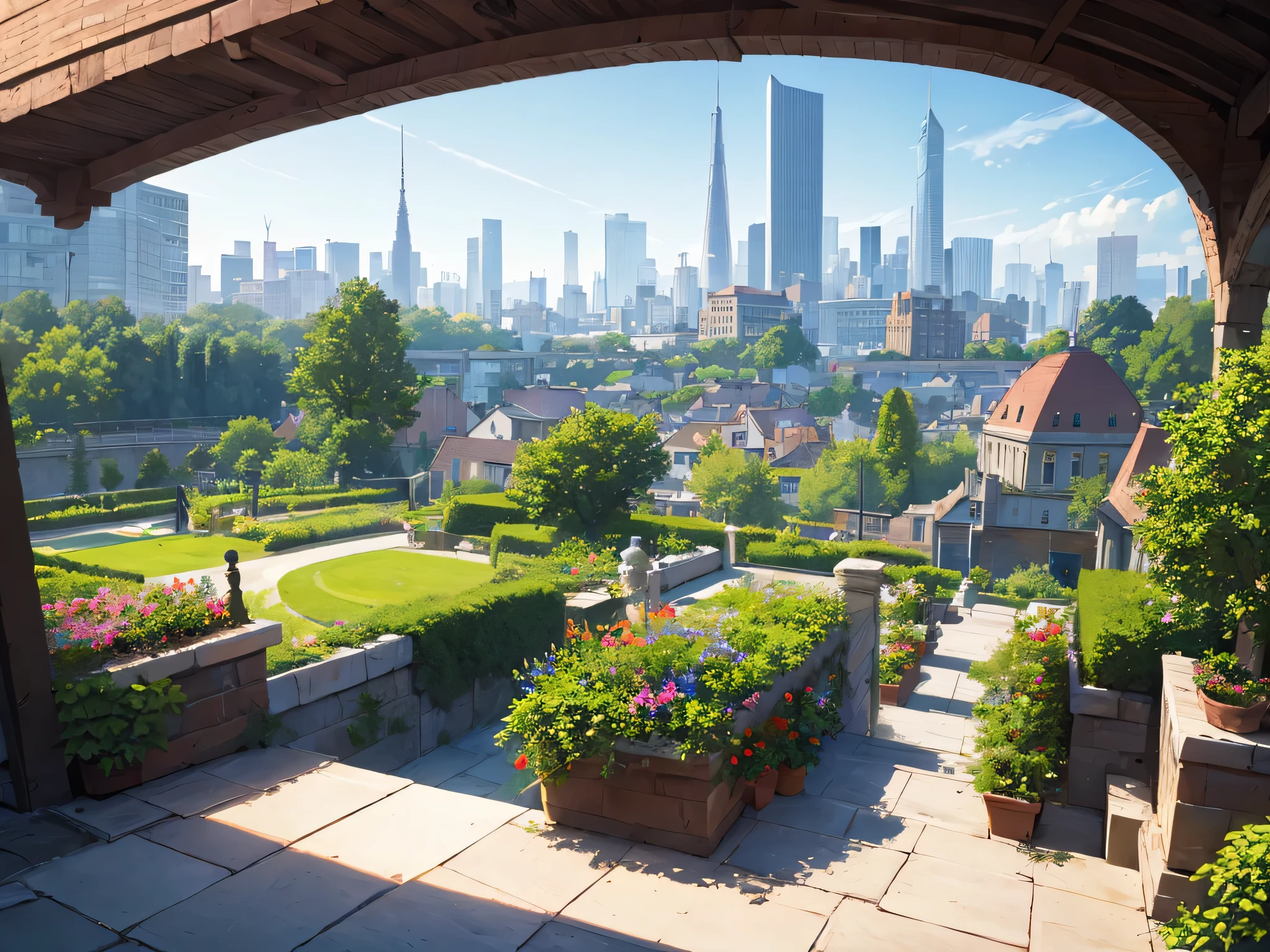architecture, garden, panoramic cityscape, Nobody is here,not human,