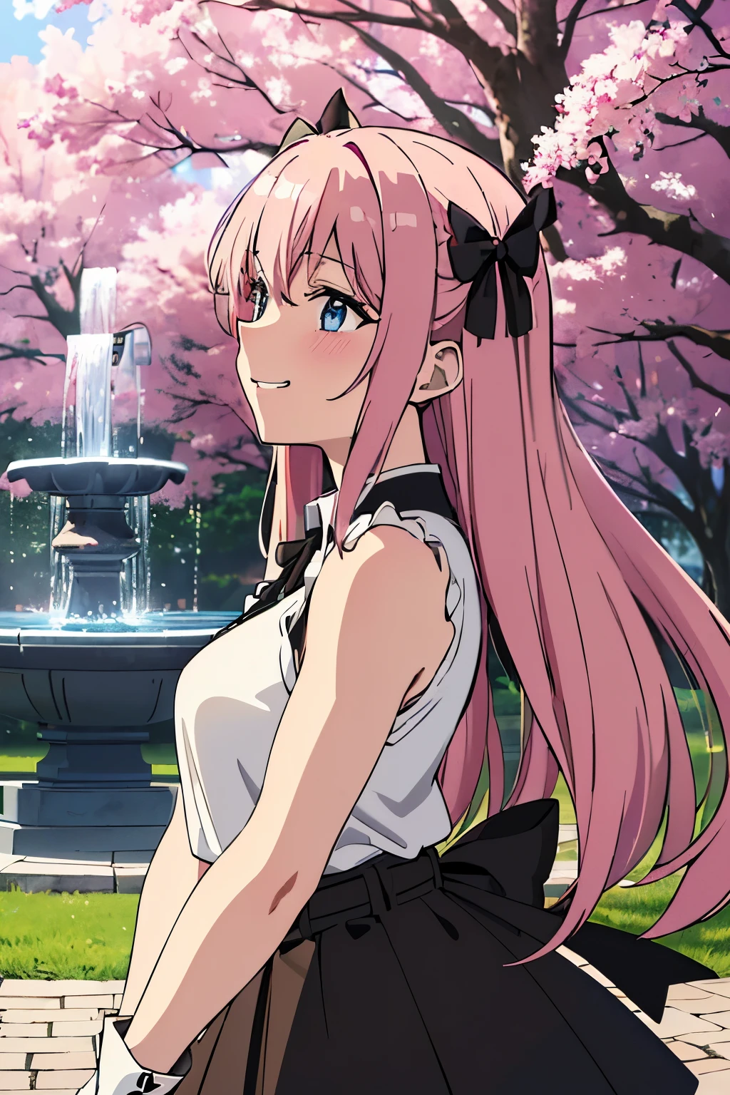 high resolution, (masterpiece), 4k, portrait, ((from side)), (upper body), 1girl, ((detailed long flowing pink_hair adorned with black_ribbons)), (bright sky_blue_eyes), (c-cup breasts), wide hips, long legs, (((sleeveless_white_polo_shirt))), frilled_black_skirt, ((brown_belt emblazoned with black_stars on both sides of the belt's buckle)), (white_knee_socks secured by black_ribbons), ((white_arm-length_gloves with black_ribbon tied around biceps)), (hands behind back), happy grin, blush, (relaxed pose), evening, sunfall, japanese park background with trees and fountain