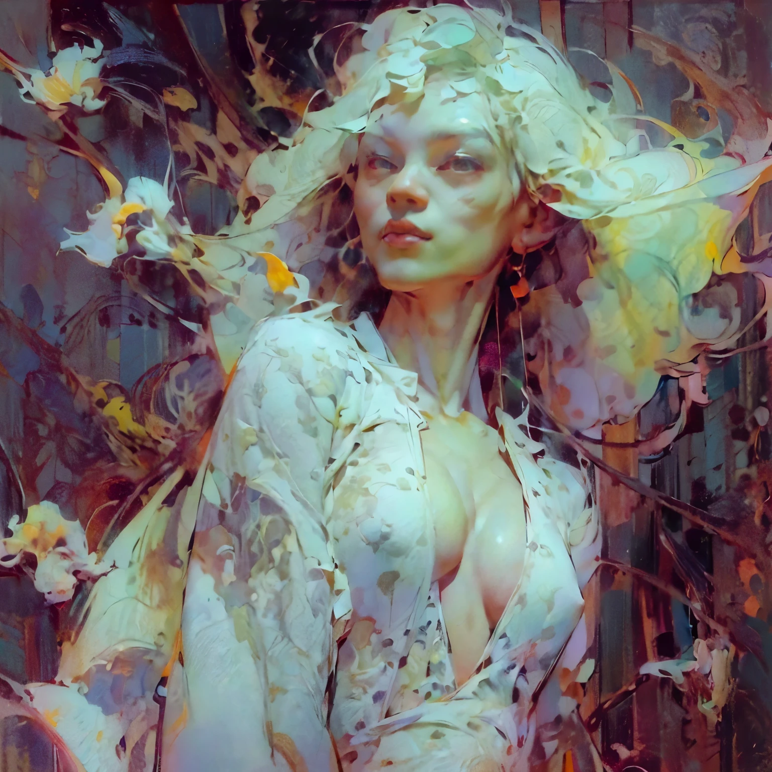 ((Create), (top quality, masterpiece, outstanding work of art), (one young girl - , nude, full growth, white hair, white skin, scarlet lips-smile; black, expressive playful eyes, long eyelashes), (black translucent - chiffon dress, gold line, very short peignoir dress), (very sexy body, seductive body, small beautiful breasts, genitals), (calm relaxed pose, hair fluttering in the wind, half turn, look at the viewer, stylish girl model)). ((Quality oil painting, outstanding craftsmanship, oil painting done by the hand of a master), (daylight, soft warm shadows, contrasting cold light, reflexes, refraction, tracing)). ((background - stunning blooming irises; (purple, yellow, blue, white), (petals, shoots)).((Highest quality workmanship, realism, oil painting, modern brushwork, master's hand, clear correct anatomy, grace, simplicity performance), (HD quality, clear focus)).