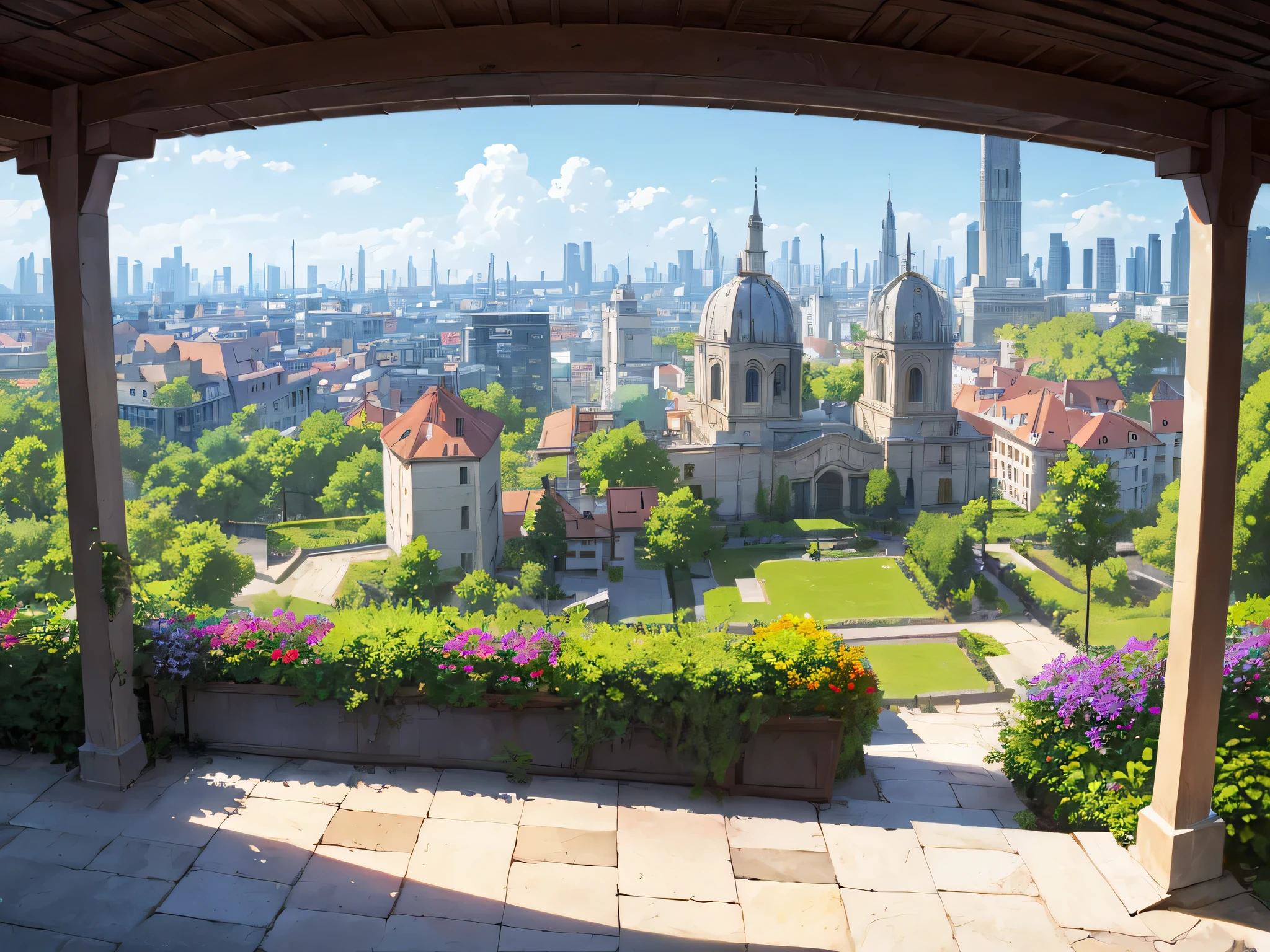 architecture, garden, panoramic cityscape, Nobody is here,not human,