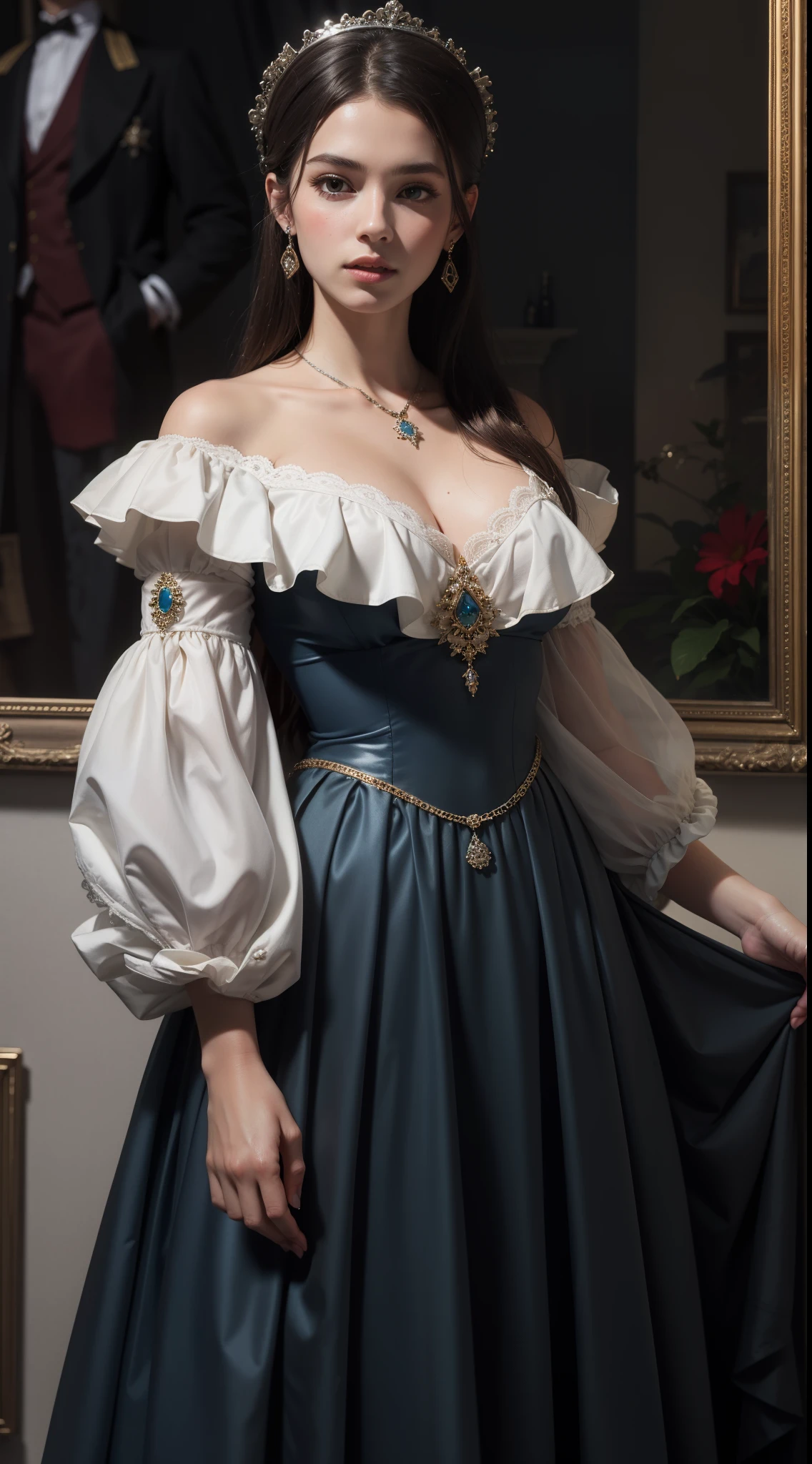 ((photorealism, high quality, detail)), An aristocratic young woman from a fictional European medieval aristocracy looks at us with seductive eyes., Dressed in a simple blue dress made of fabric with a very low neckline, silver jewelry (costume jewelry).