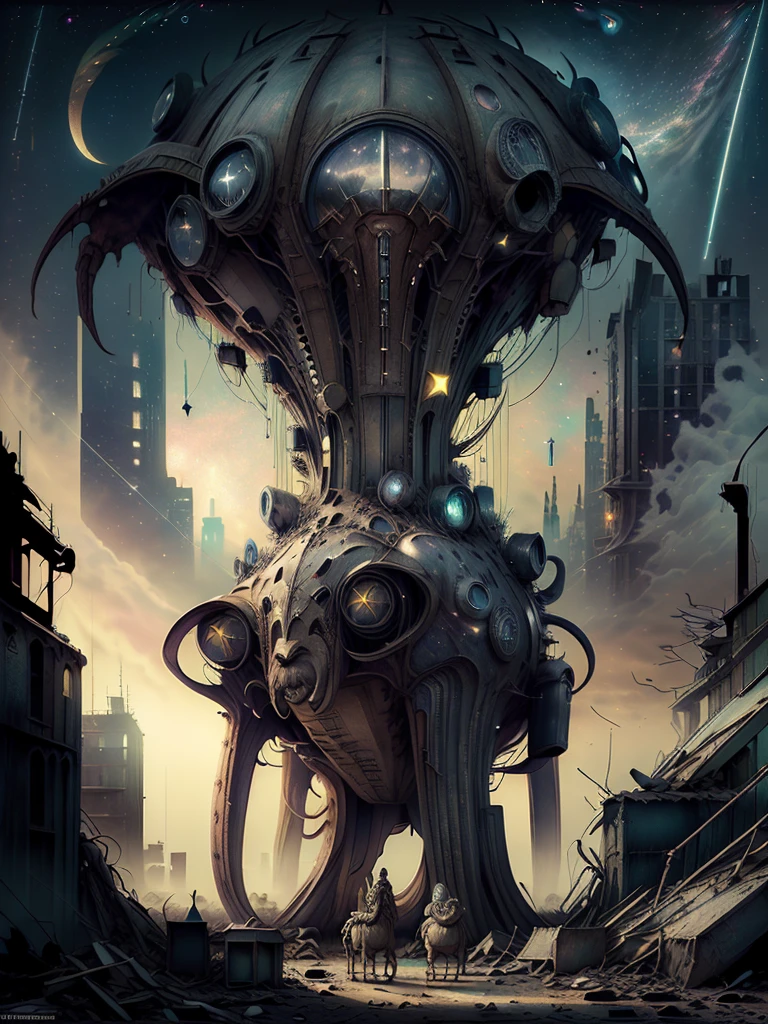 general shot: 1.3, masterpiece, ((apocalyptic city scenery with a night sky and starry mutant animals: 1.5)),(( full of stars and galaxies: 1.5)), very beautiful digital art, digital art. highly detailed and highly detailed magical fantasy, colorful digital fantasy art, highly detailed digital art, beautiful and gorgeous digital art, highly detailed digital painting, 32k