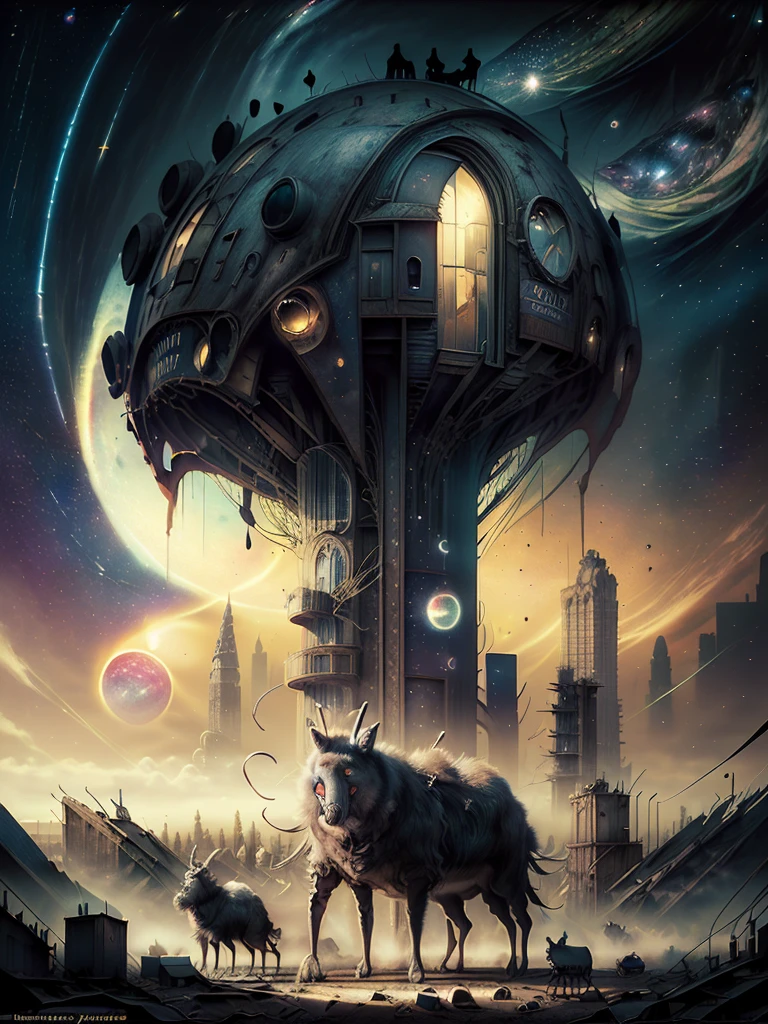 general shot: 1.3, masterpiece, ((apocalyptic city scenery with a night sky and starry mutant animals: 1.5)),(( full of stars and galaxies: 1.5)), very beautiful digital art, digital art. highly detailed and highly detailed magical fantasy, colorful digital fantasy art, highly detailed digital art, beautiful and gorgeous digital art, highly detailed digital painting, 32k