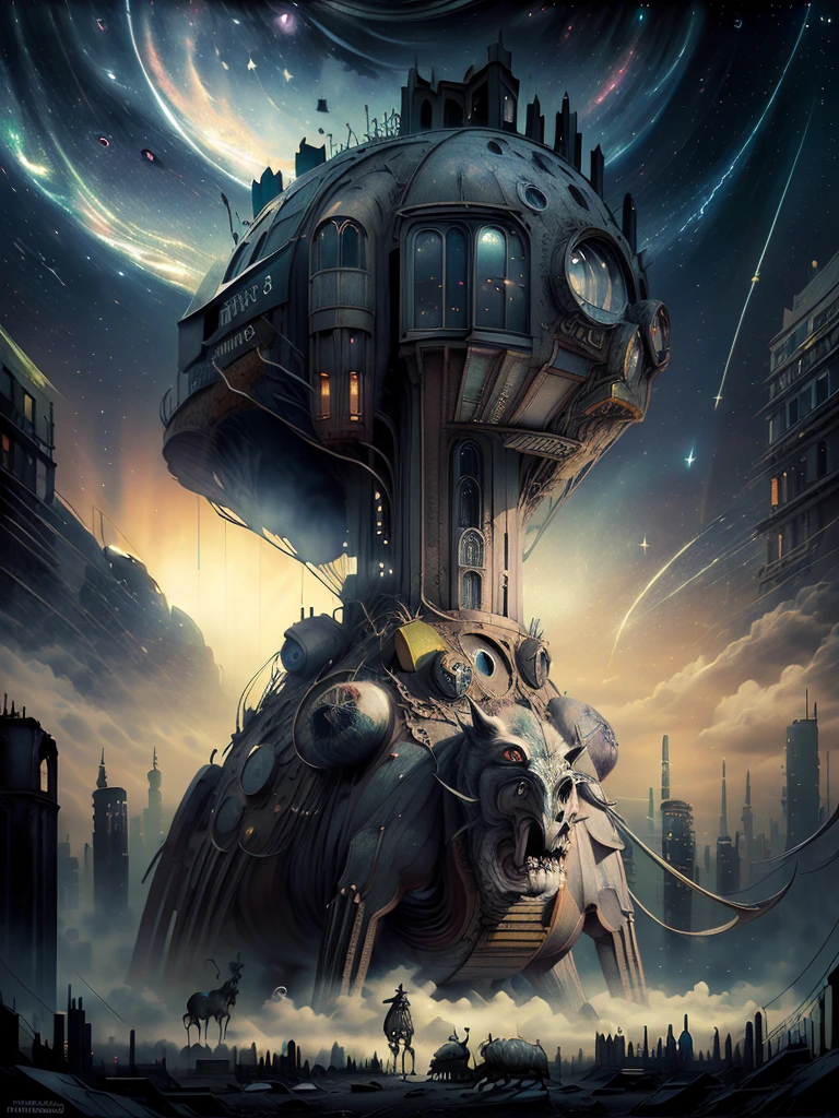 general shot: 1.3, masterpiece, ((apocalyptic city scenery with a night sky and starry mutant animals: 1.5)),(( full of stars and galaxies: 1.5)), very beautiful digital art, digital art. highly detailed and highly detailed magical fantasy, colorful digital fantasy art, highly detailed digital art, beautiful and gorgeous digital art, highly detailed digital painting, 32k