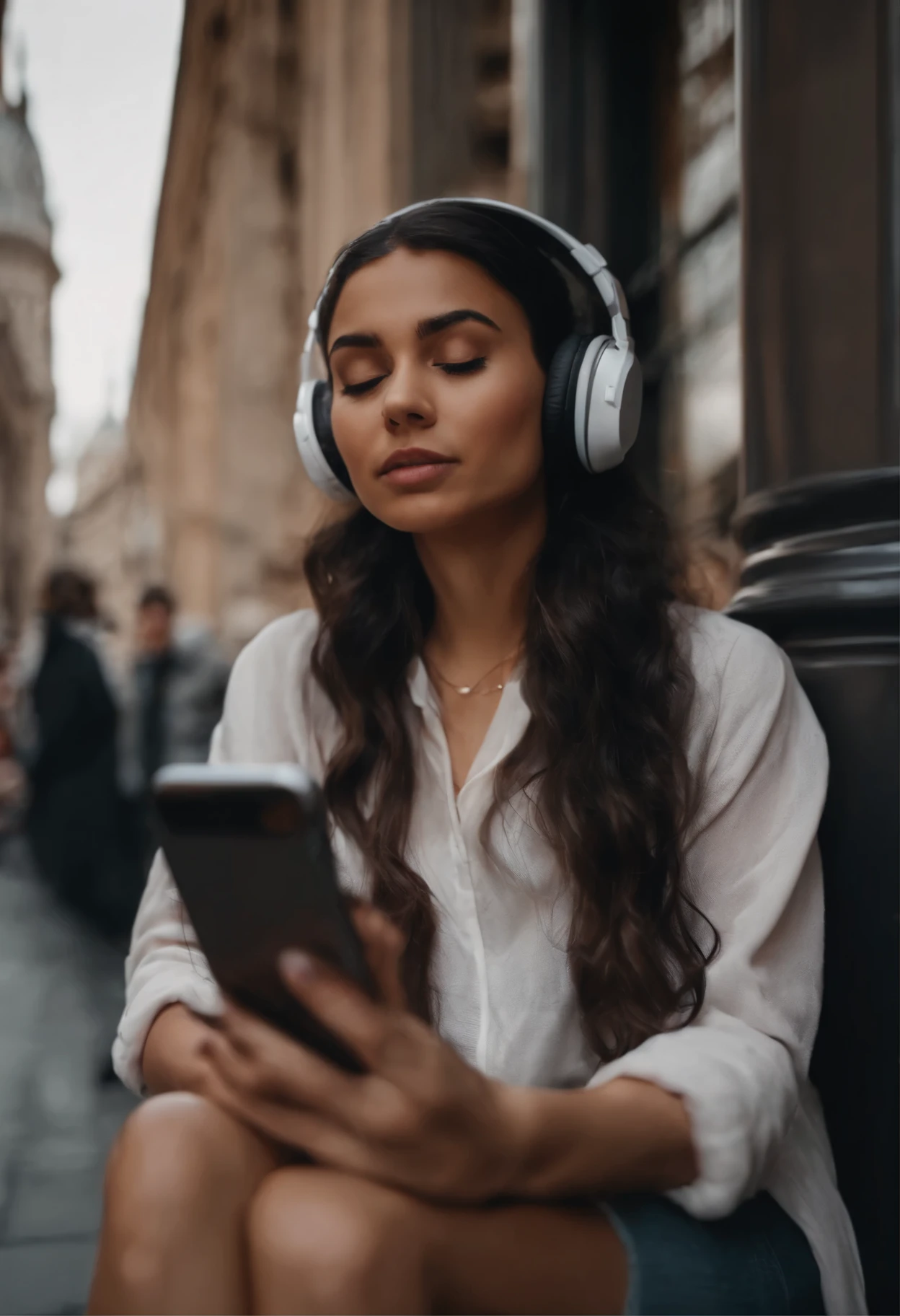 Girl listening to podcast with her mobile in the city, with an expression of frustration looking for a song, 4K, full, detall
