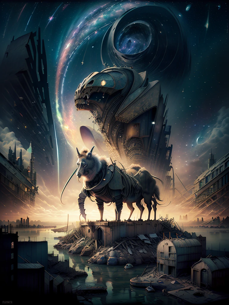 general shot: 1.3, masterpiece, ((apocalyptic city scenery with a night sky and starry mutant animals: 1.5)),(( full of stars and galaxies: 1.5)), very beautiful digital art, digital art. highly detailed and highly detailed magical fantasy, colorful digital fantasy art, highly detailed digital art, beautiful and gorgeous digital art, highly detailed digital painting, 32k