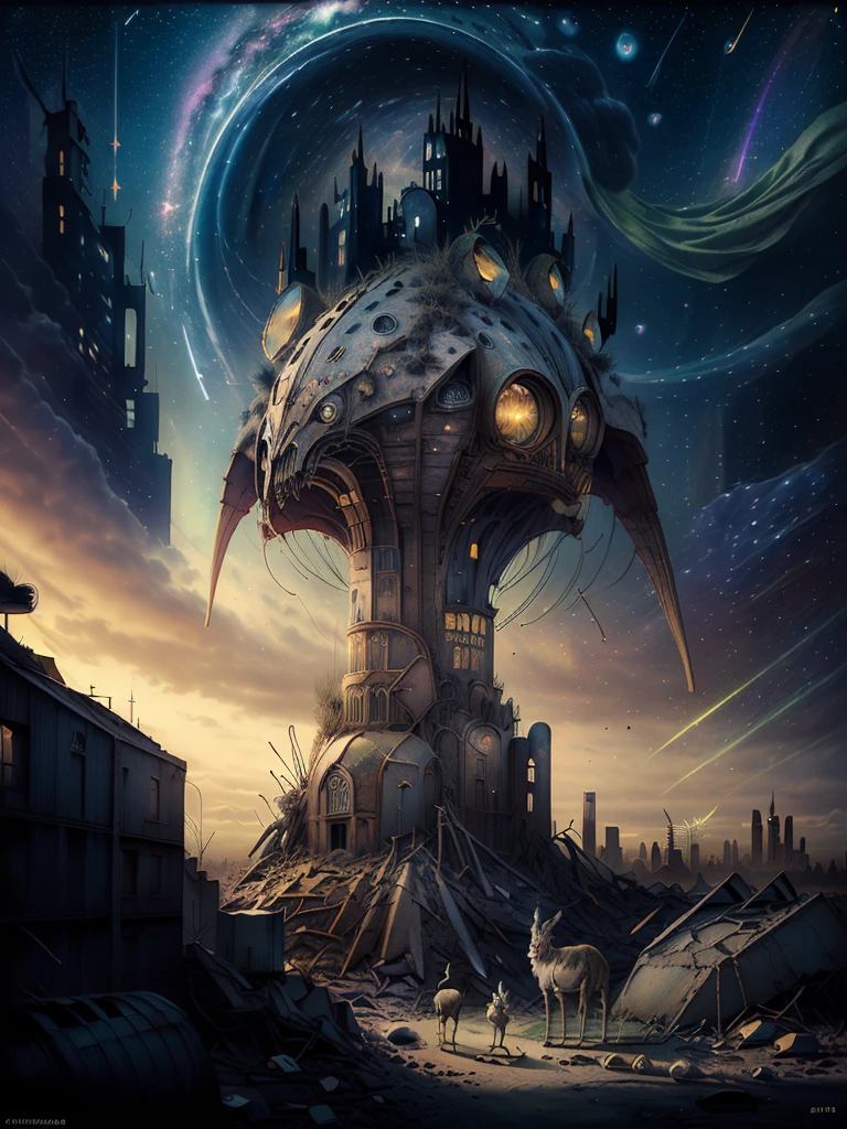 general shot: 1.3, masterpiece, ((apocalyptic city scenery with a night sky and starry mutant animals: 1.5)),(( full of stars and galaxies: 1.5)), very beautiful digital art, digital art. highly detailed and highly detailed magical fantasy, colorful digital fantasy art, highly detailed digital art, beautiful and gorgeous digital art, highly detailed digital painting, 32k