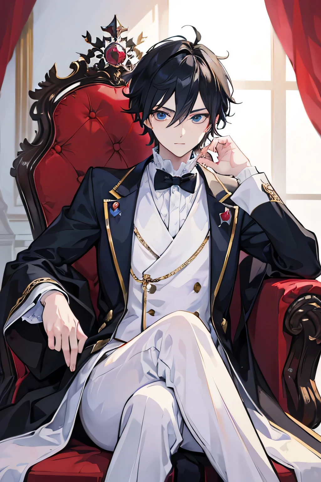 animated - image de style d'un homme en costume assis sur une chaise rouge, Beau prince androgyne, prince, royal elegant pose, Tenue royale , Belle pose d'animated,, portant un costume noble noir, inspired by'Okumura Masanobu, beau mec dans l'art du tueur de démons, art d'detailed key animated, boy with jet black hair, Blue-eyed boy, boy sitting on a throne