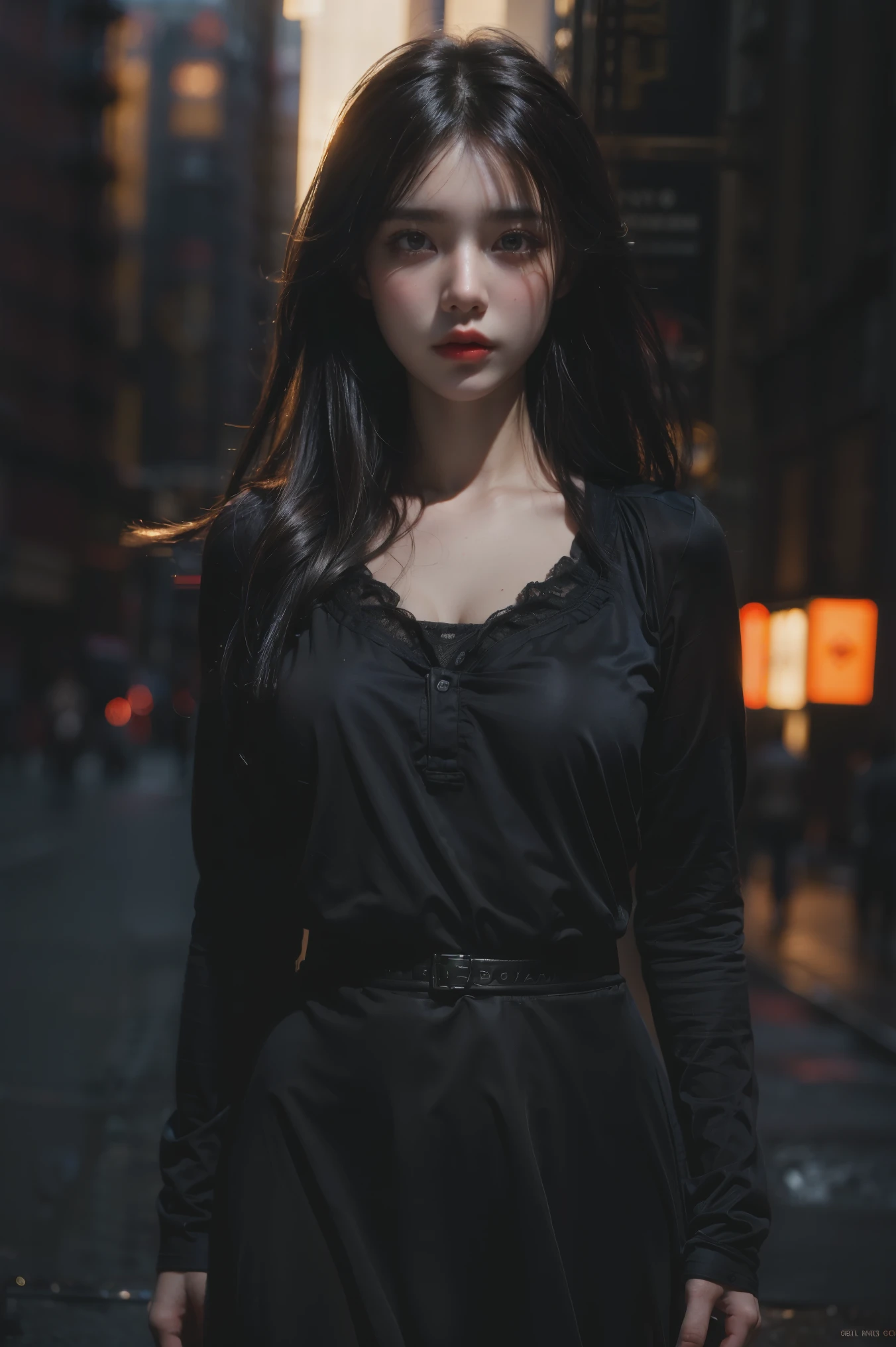1girll, (view the viewer:1.2), Detal Face,  (a girl standing, Tear in CG society, black shadows, Streaming, new york backdrop), romanticism lain, Atmospheric, (RAW photo, Best quality), (Realistic, photo-realistic:1.3), Masterpiece, An extremely delicate and beautiful, Extremely detailed,