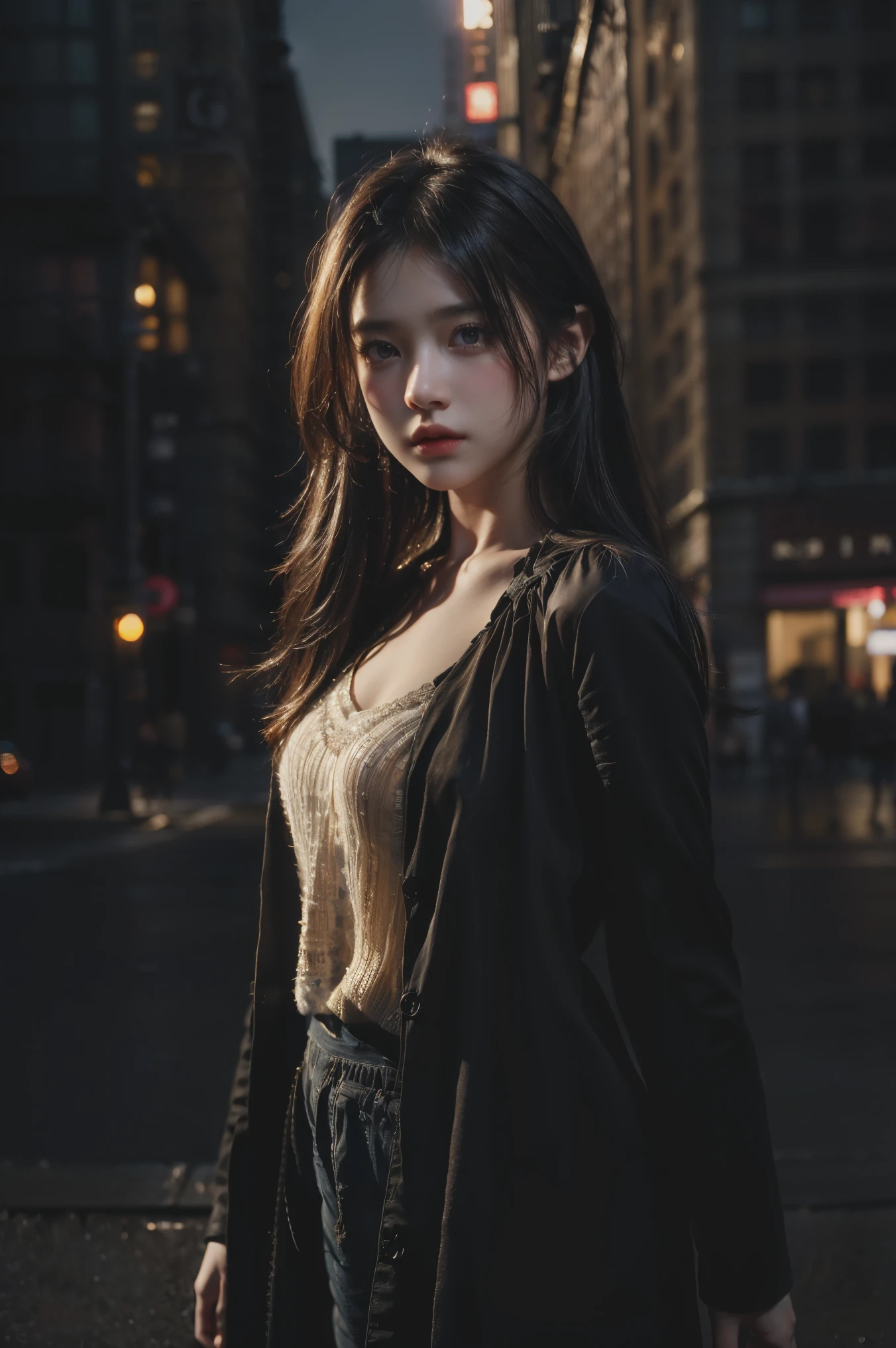 1girl, (looking at viewer:1.2), detail face,  (a girl standing, rending on cgsociety, black shadows, streaming, new york backdrop), romanticism, atmospheric, (RAW photo, best quality), (realistic, photo-realistic:1.3), masterpiece, an extremely delicate and beautiful, extremely detailed,