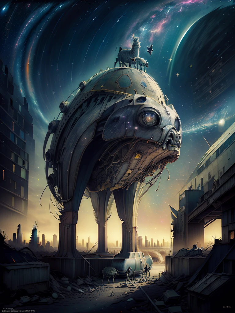 general shot: 1.3, masterpiece, ((apocalyptic city scenery with a night sky and starry mutant animals: 1.5)),(( full of stars and galaxies: 1.5)), very beautiful digital art, digital art. highly detailed and highly detailed magical fantasy, colorful digital fantasy art, highly detailed digital art, beautiful and gorgeous digital art, highly detailed digital painting, 32k
