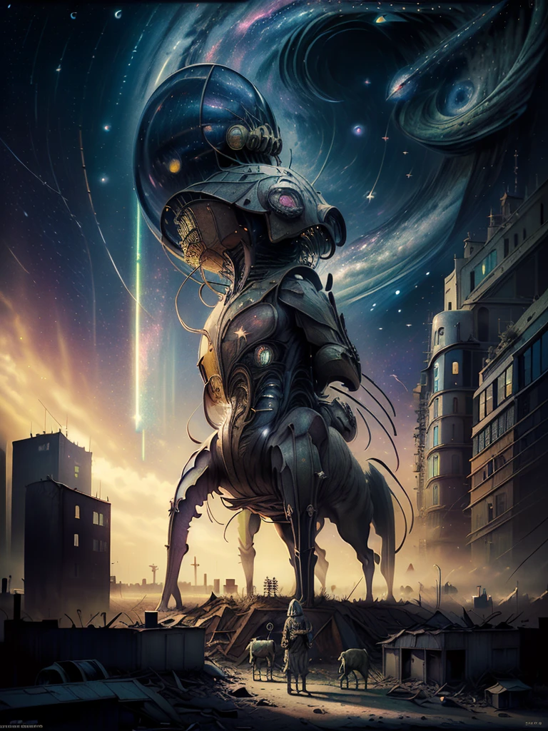 general shot: 1.3, masterpiece, ((apocalyptic city scenery with a night sky and starry mutant animals: 1.5)),(( full of stars and galaxies: 1.5)), very beautiful digital art, digital art. highly detailed and highly detailed magical fantasy, colorful digital fantasy art, highly detailed digital art, beautiful and gorgeous digital art, highly detailed digital painting, 32k