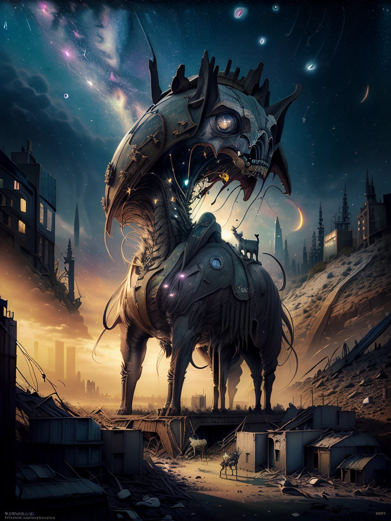 general shot: 1.3, masterpiece, ((apocalyptic city scenery with a night sky and starry mutant animals: 1.5)),(( full of stars and galaxies: 1.5)), very beautiful digital art, digital art. highly detailed and highly detailed magical fantasy, colorful digital fantasy art, highly detailed digital art, beautiful and gorgeous digital art, highly detailed digital painting, 32k